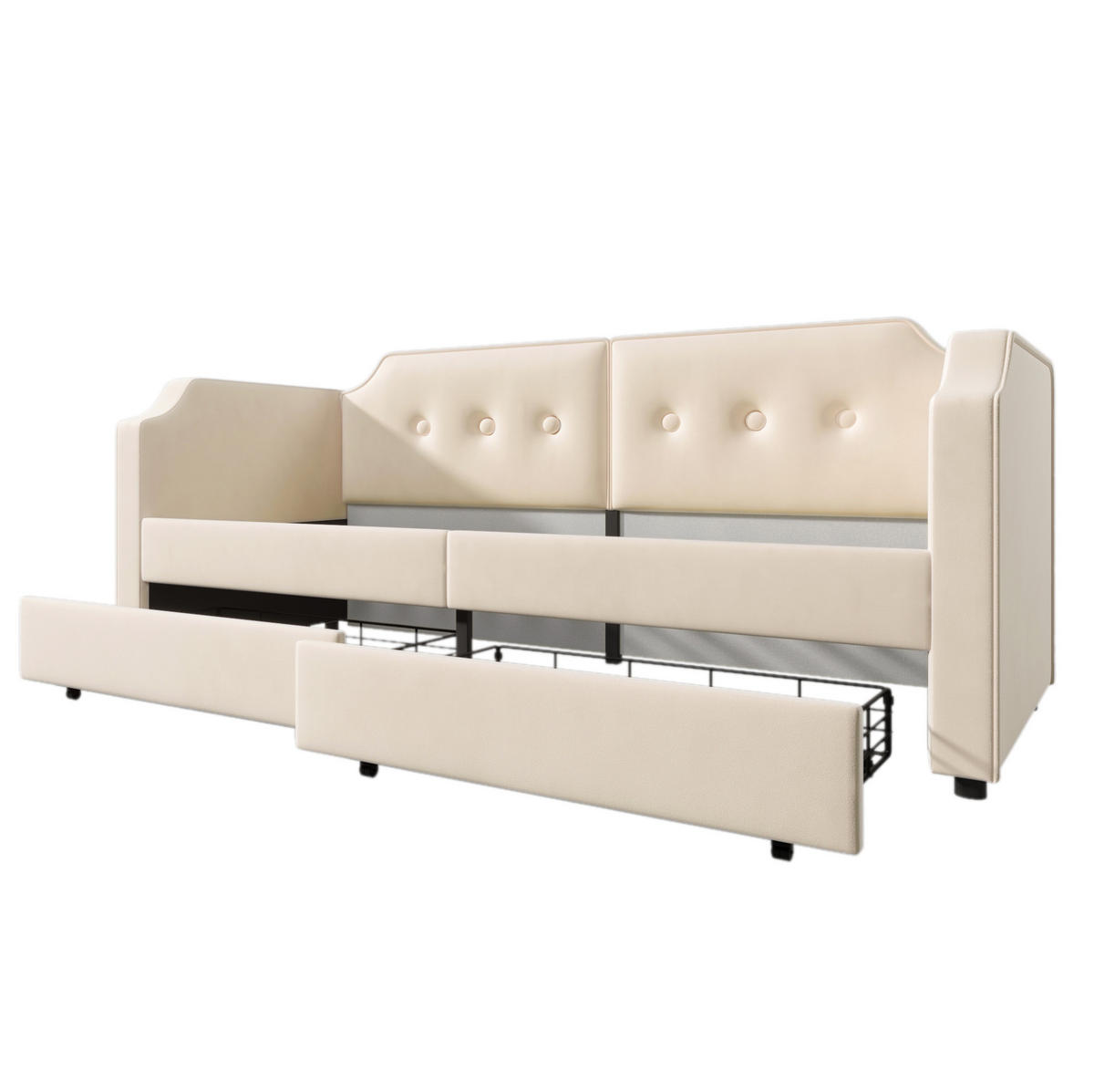 POLSTERBETT 90/200 cm aus Samt mit 2 Schubladen und USB- und Type-C-Anschlüssen - Beige, Textil (90/200cm) - Flora Grace