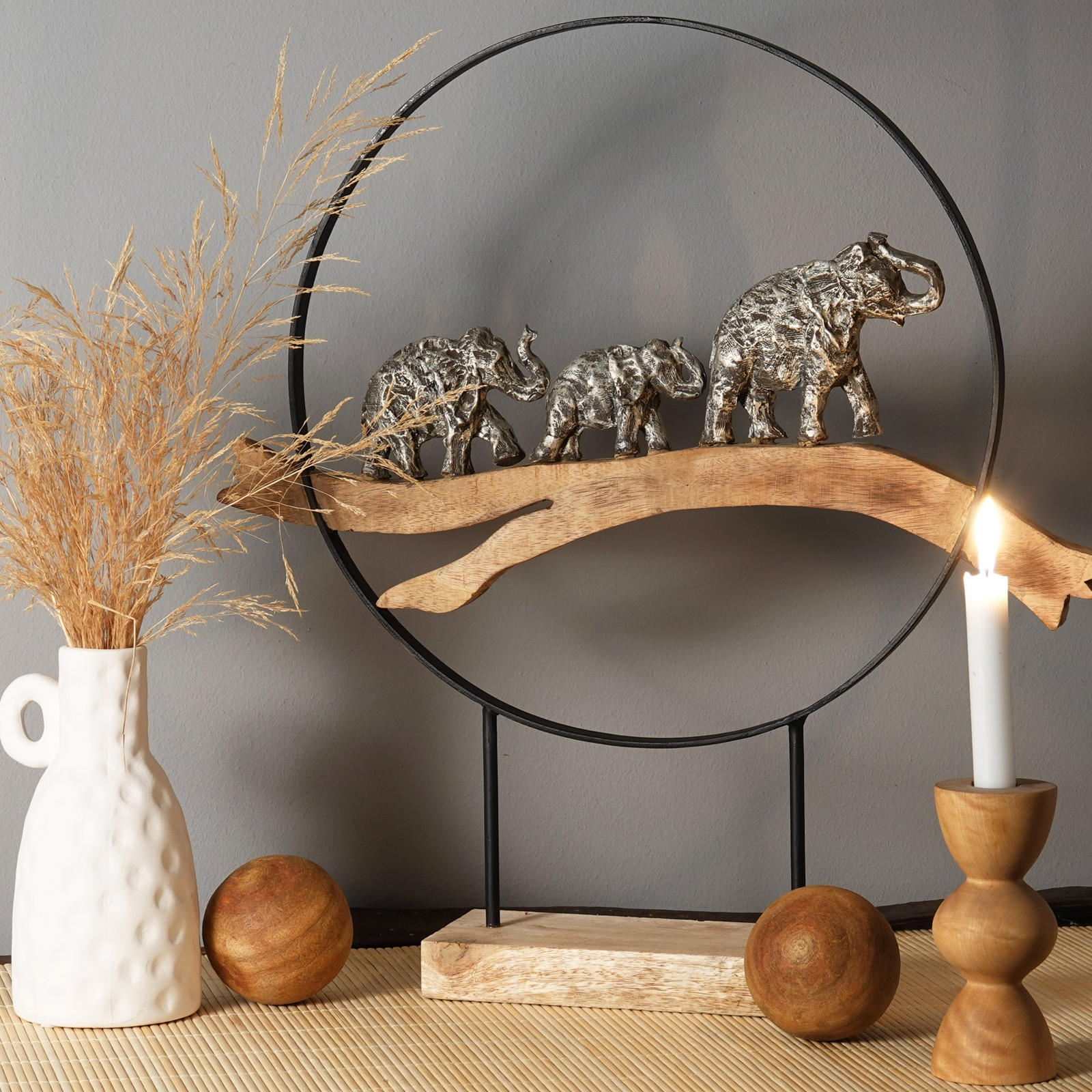 SKULPTUR Große Elefanten Mangoholz, Aluminium silber-natur - Naturfarben, Holz (50/55/10cm) - CREEDWOOD