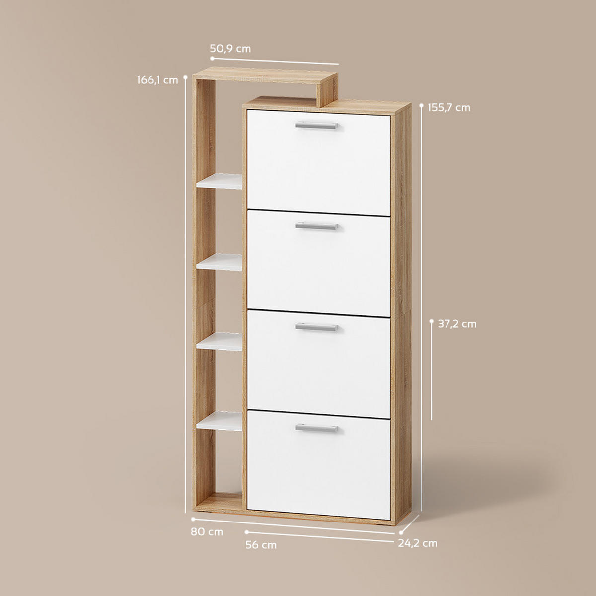 SCHUHKIPPER Ortello Weiß/Sonoma 80 x 166.1 cm mit 4 Fächern - Weiß/Sonoma Eiche, Holzwerkstoff (80/166.1/24.2cm) - Livinity®