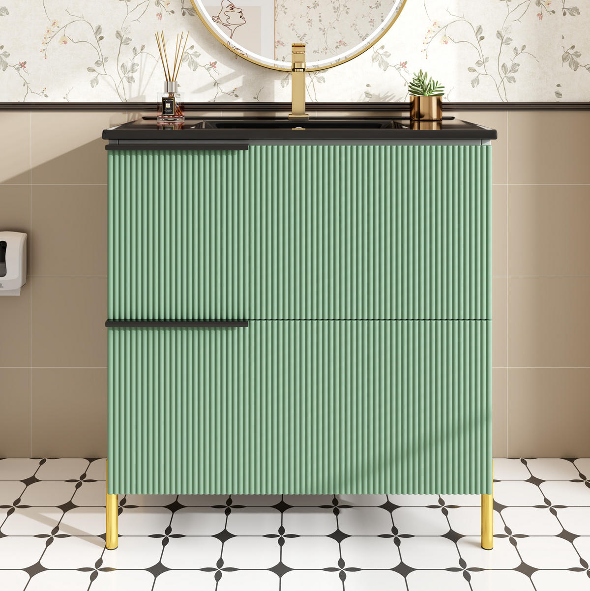 WASCHTISCHKOMBI mit Keramikbecken 81.5x47x90cm in Grün, 2 Schubladen & Metallfüßen - Grün, Holzwerkstoff (81.5/90/47cm) - Modfu