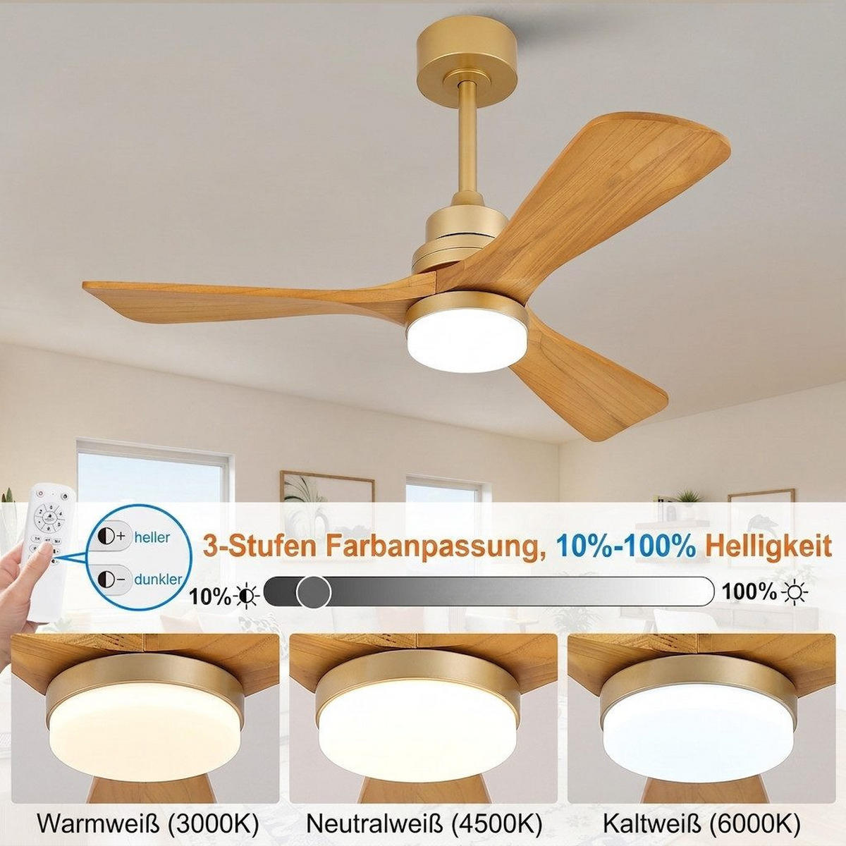 DECKENVENTILATOR & LED-Beleuchtung/Fernbedienung Sommer/Winter Betrieb - Goldfarben, Metall (107/107/53cm) - BEXEVUE
