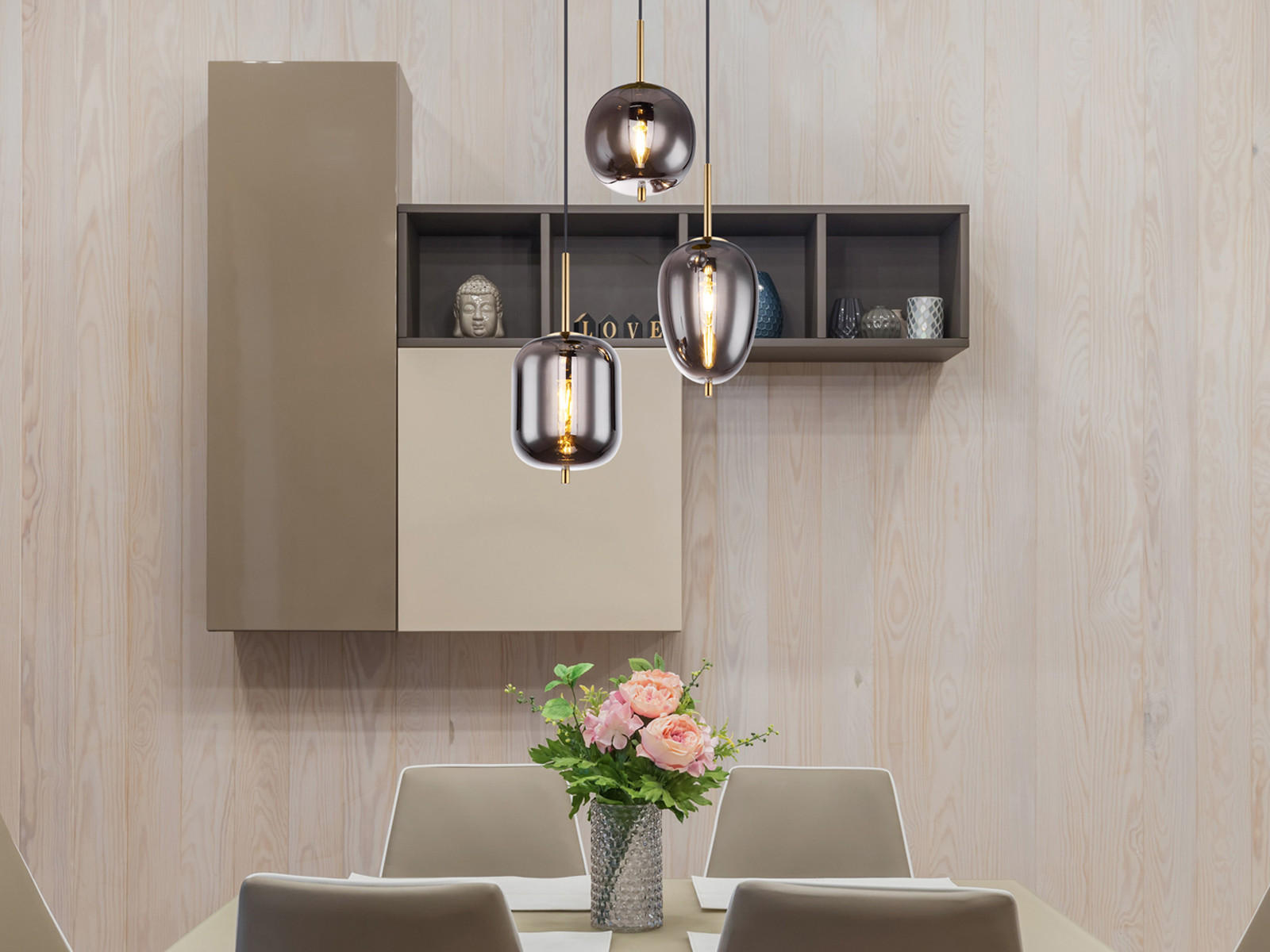 LED-PENDELLEUCHTE Messing Ø46cm, Glaskugeln Rauchglas - Messingfarben/Schwarz, Glas (46/46/120cm) - meineWunschleuchte
