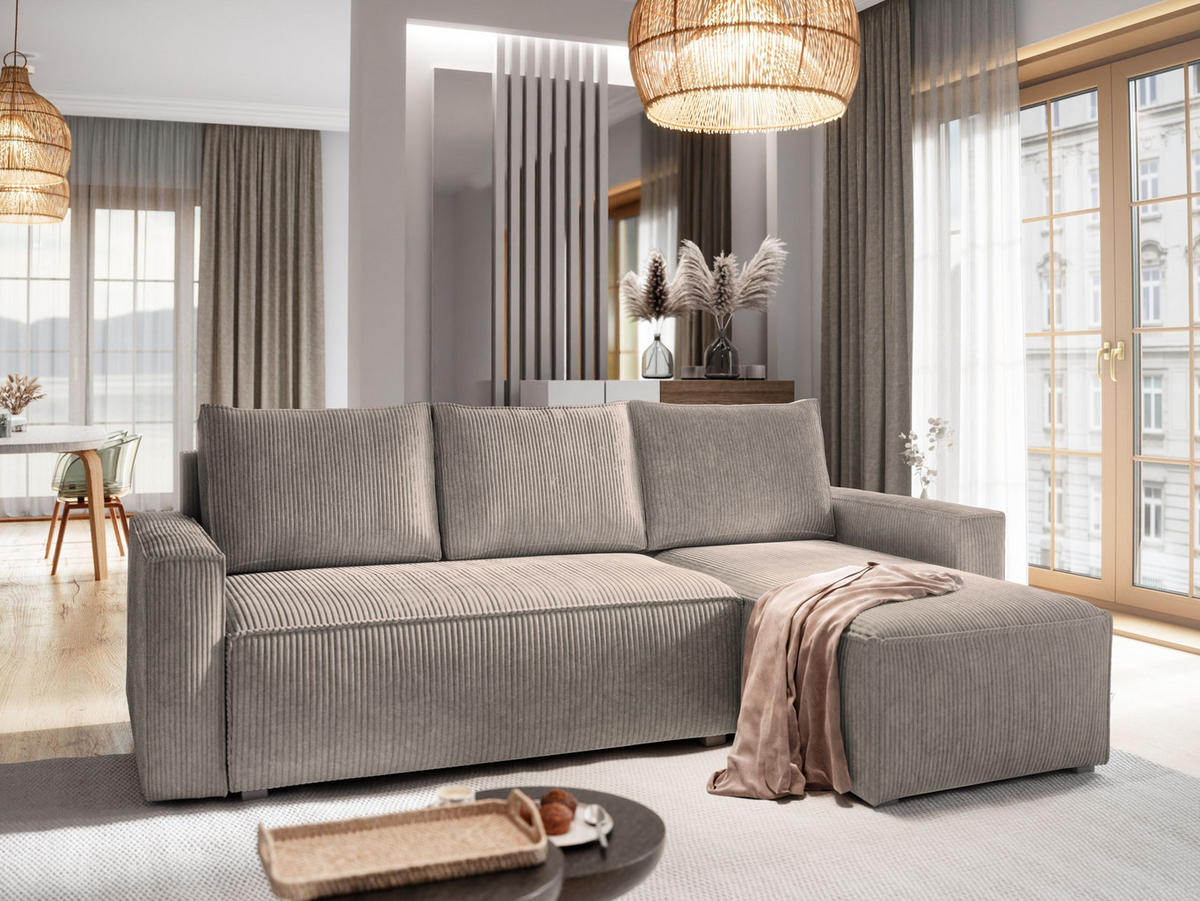 ECKSOFA POTARO Beige Kordstoff mit Schlaffunktion - Beige, Holz (232/140cm) - MASSENO