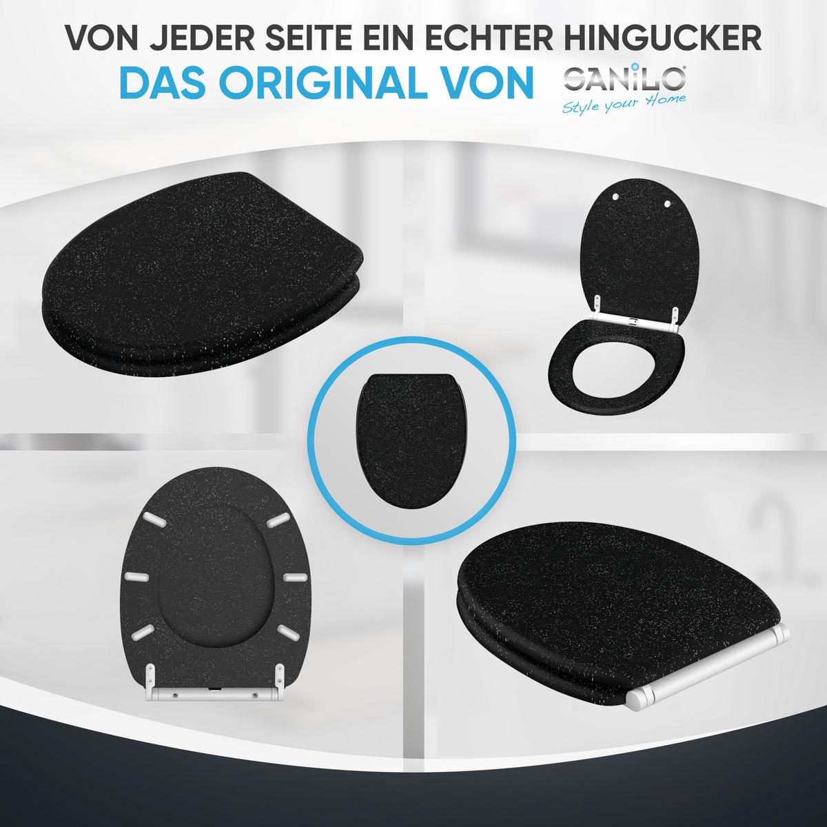 WC-SITZ mit Absenkautomatik & Top Fix Glitzer Schwarz - Schwarz, Holzwerkstoff (37.7/5.5/48cm) - Sanilo