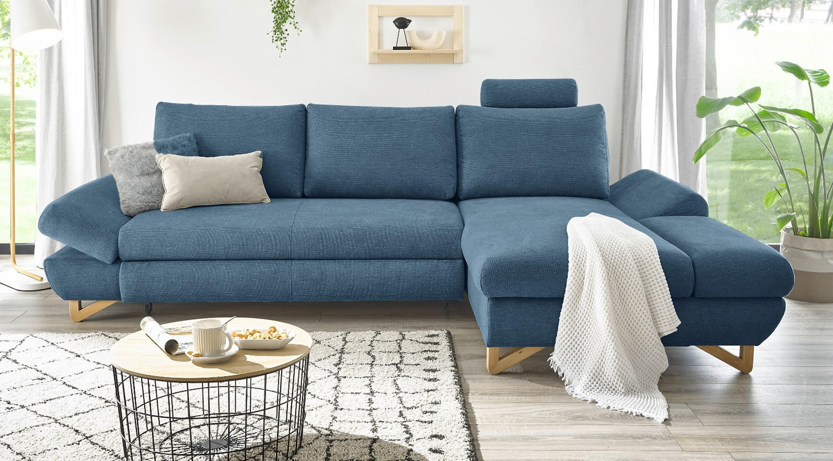 ECKSOFA blau Struktur-Stoff, Sofa mit Bettfunktion und Stauraum 284 cm - Blau, Holz/Textil (284/166cm) - Furn.Design