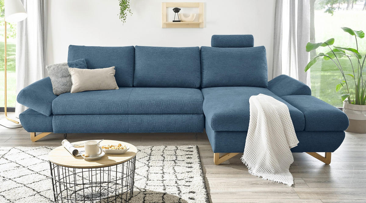 ECKSOFA blau Struktur-Stoff, Sofa mit Bettfunktion und Stauraum 284 cm - Blau, Holz/Textil (284/166cm) - Furn.Design