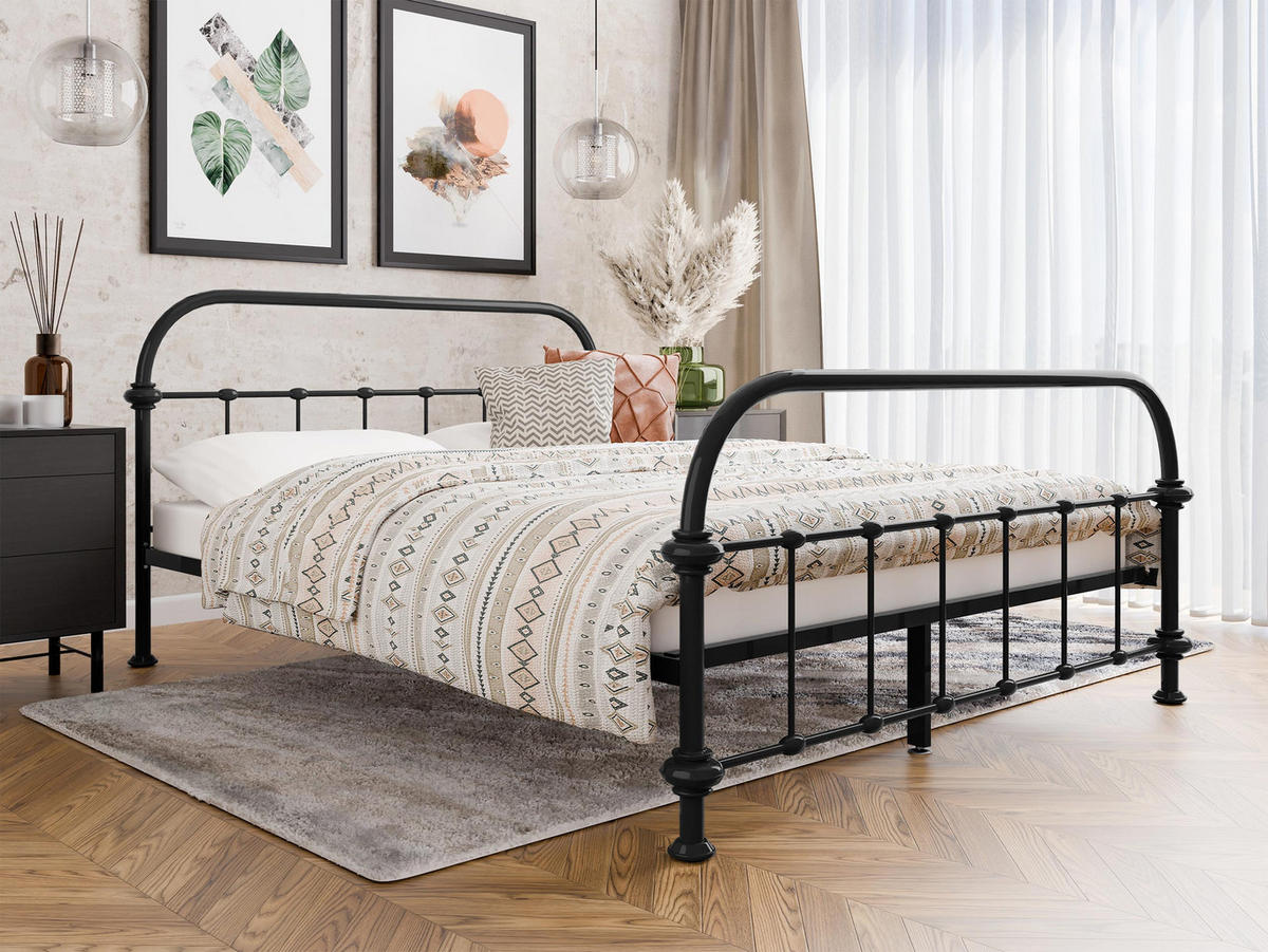 METALLBETT Derozi - Schwarz/Naturfarben, Holz/Metall (160/200cm) - MIRJAN24