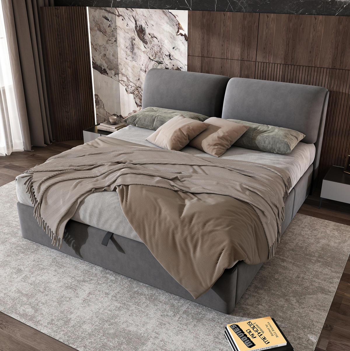POLSTERBETT 160/200 cm aus Samt mit Stauraum und verstellbarem Kopfteil Grau - Grau, Textil (160/200cm) - Modenvie
