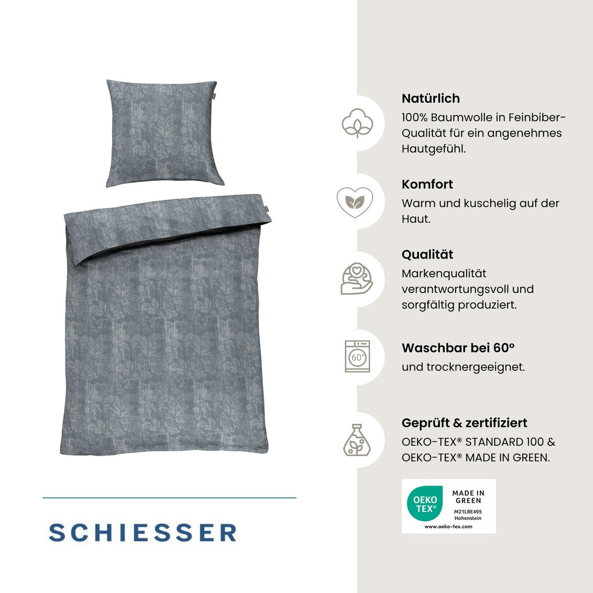 BETTWÄSCHESET Missy - Feinbiber - 2-Teilig - 135x200 cm - Grau - Grau, Textil (135/200cm) - SCHIESSER