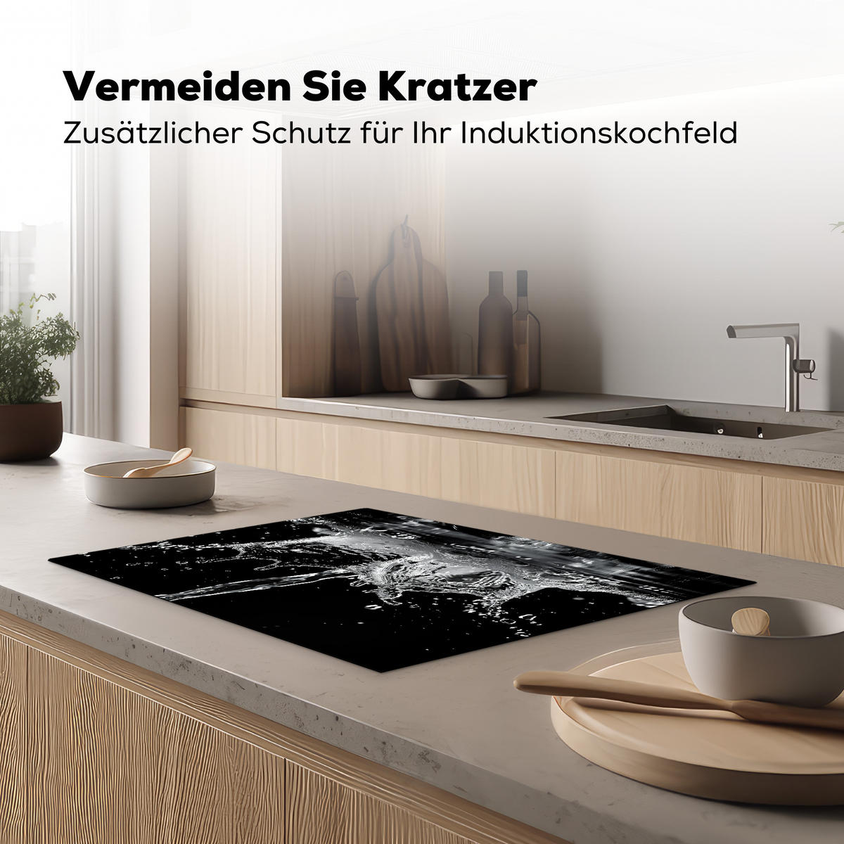 HERDABDECKPLATTE Wasser - Spritzwasser - Schwarz Herdabdeckung Induktionsfeld 75x52 cm - Schwarz, Kunststoff (75/52/0.2cm) - MuchoWow