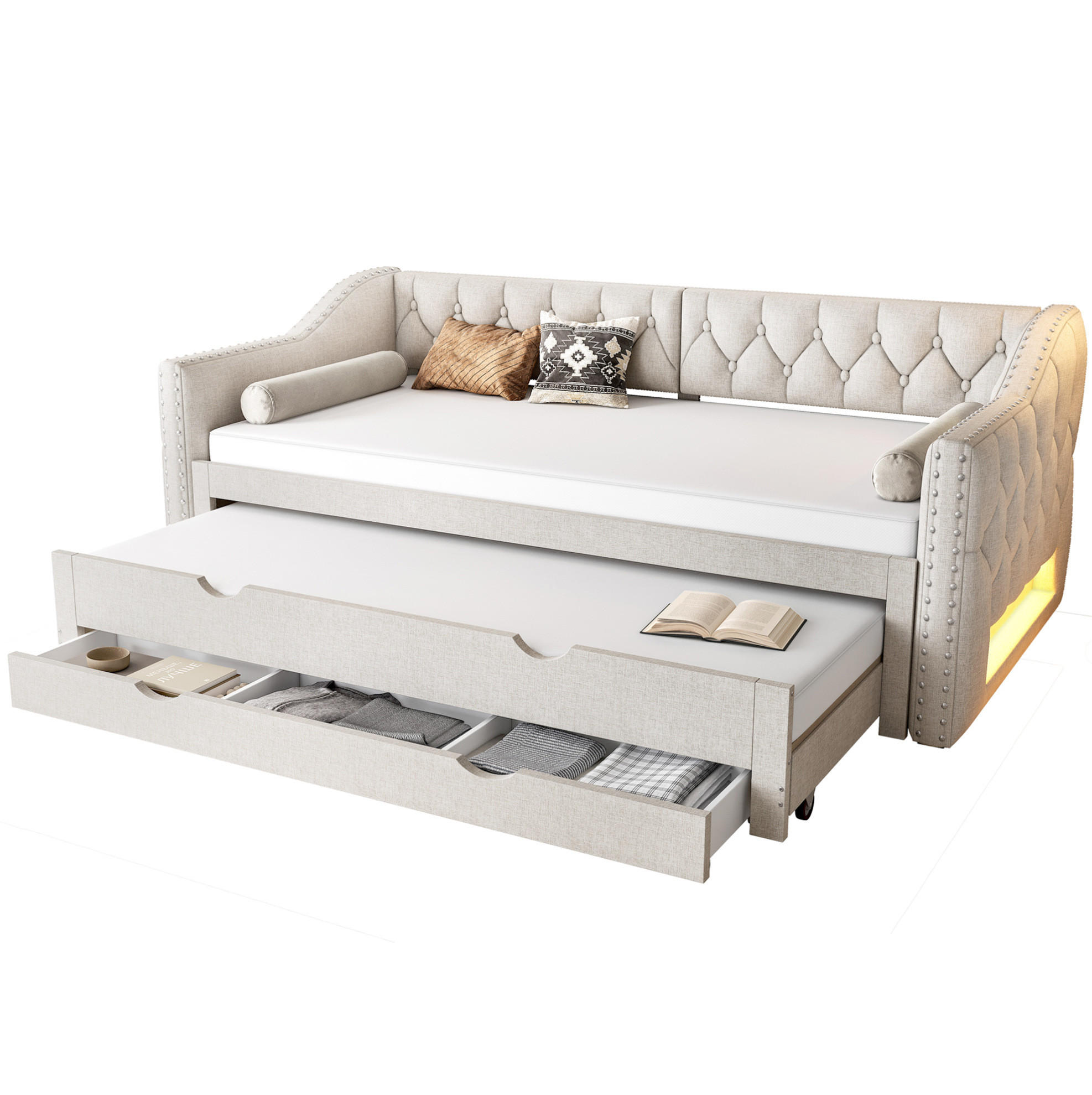 POLSTERBETT 90/200 cm Beige mit LED-Beleuchtung und 3 Schubladen - Beige, Textil (90/200cm) - Flora Grace