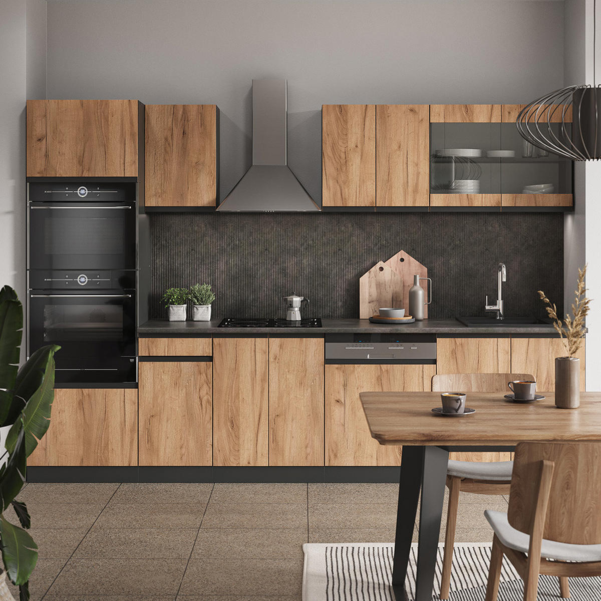 KÜCHENZEILE R-Line Goldkraft Eiche/Anthrazit 300 cm J-Shape ohne AP - Honigeiche/Anthrazit, Holzwerkstoff (300/81.6/46cm) - Vicco