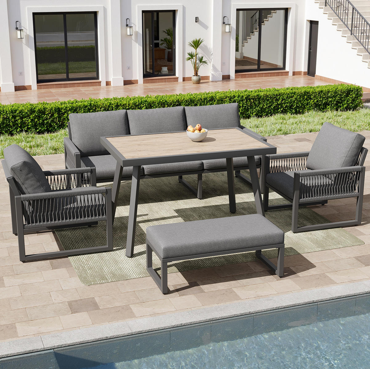 GARTENLOUNGE-SET 184/64/80 cm mit Tisch, Seilgeflecht, Glasplatte und Polsterkissen, Grau - Grau, Metall - Redom