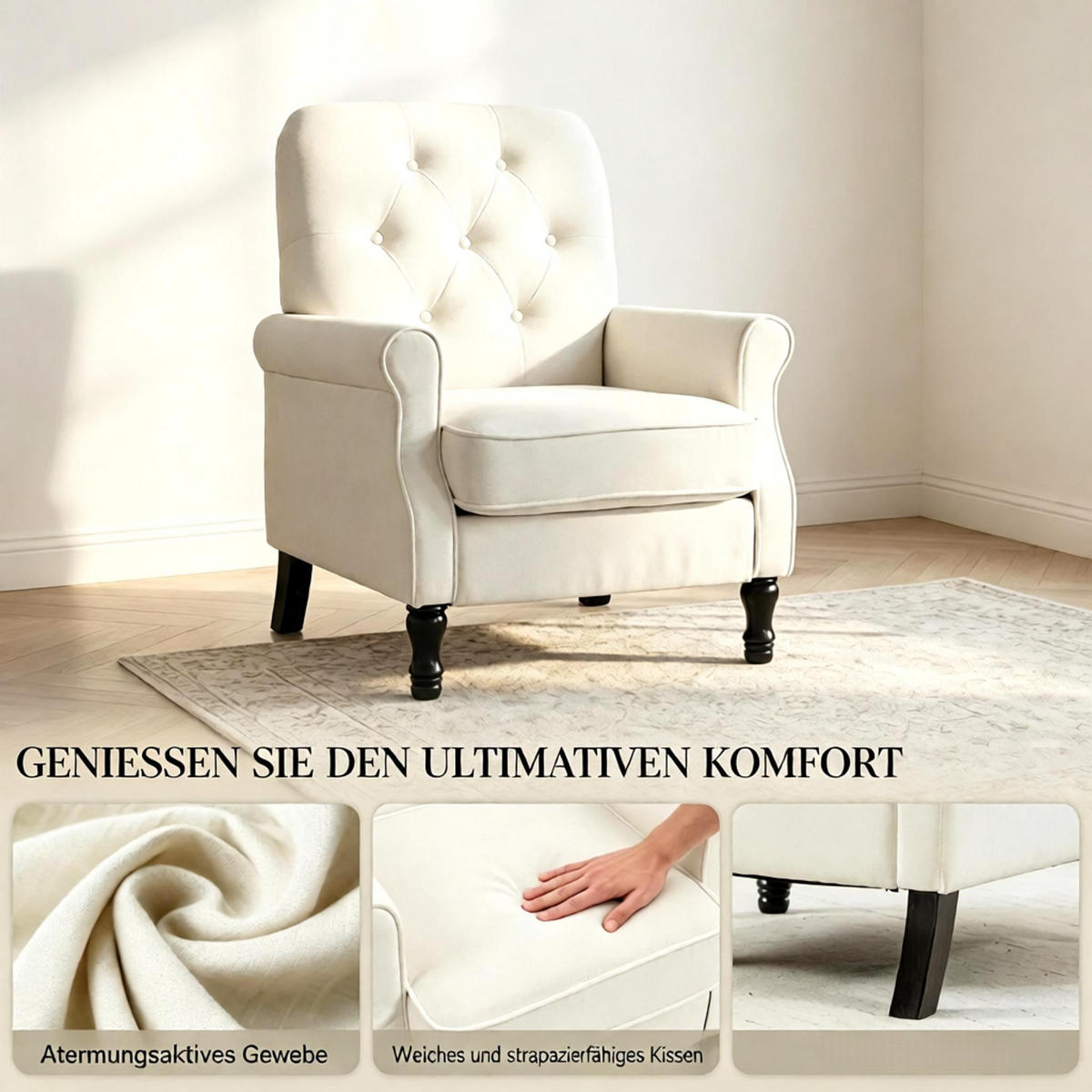 SESSEL Federkissen und Leinenbezug, DE-42175, Creme/Schwarz - Creme, Holzwerkstoff (75/90/69cm) - ComfortXL