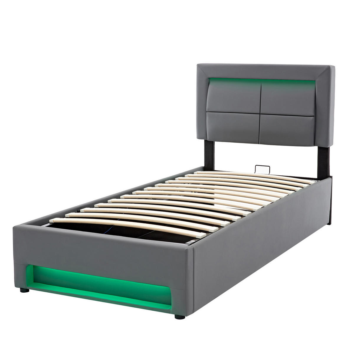 POLSTERBETT 90/200 cm mit USB-Ladefunktion, LED-Beleuchtung und Bettkasten, PU, Grau - Grau, Kunststoff (90/200cm) - Redom