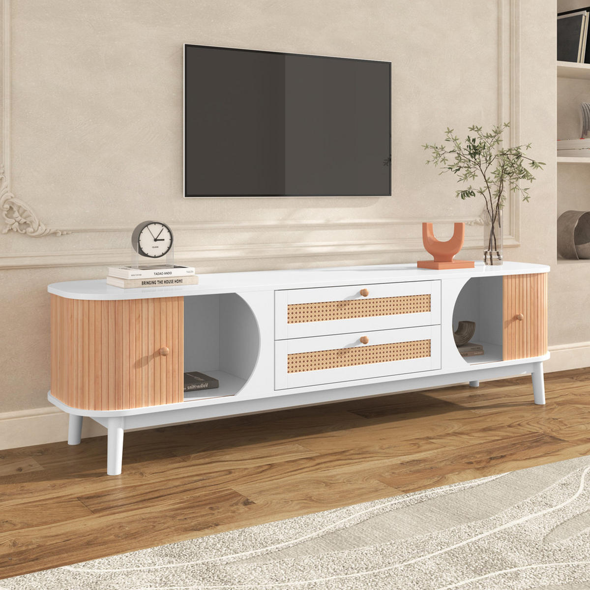 TV-SCHRANK Landhausstil mit Türen & Schubladen Rattanseiten Weiß - Weiß, Holz (47/8/184cm) - FLIEKS
