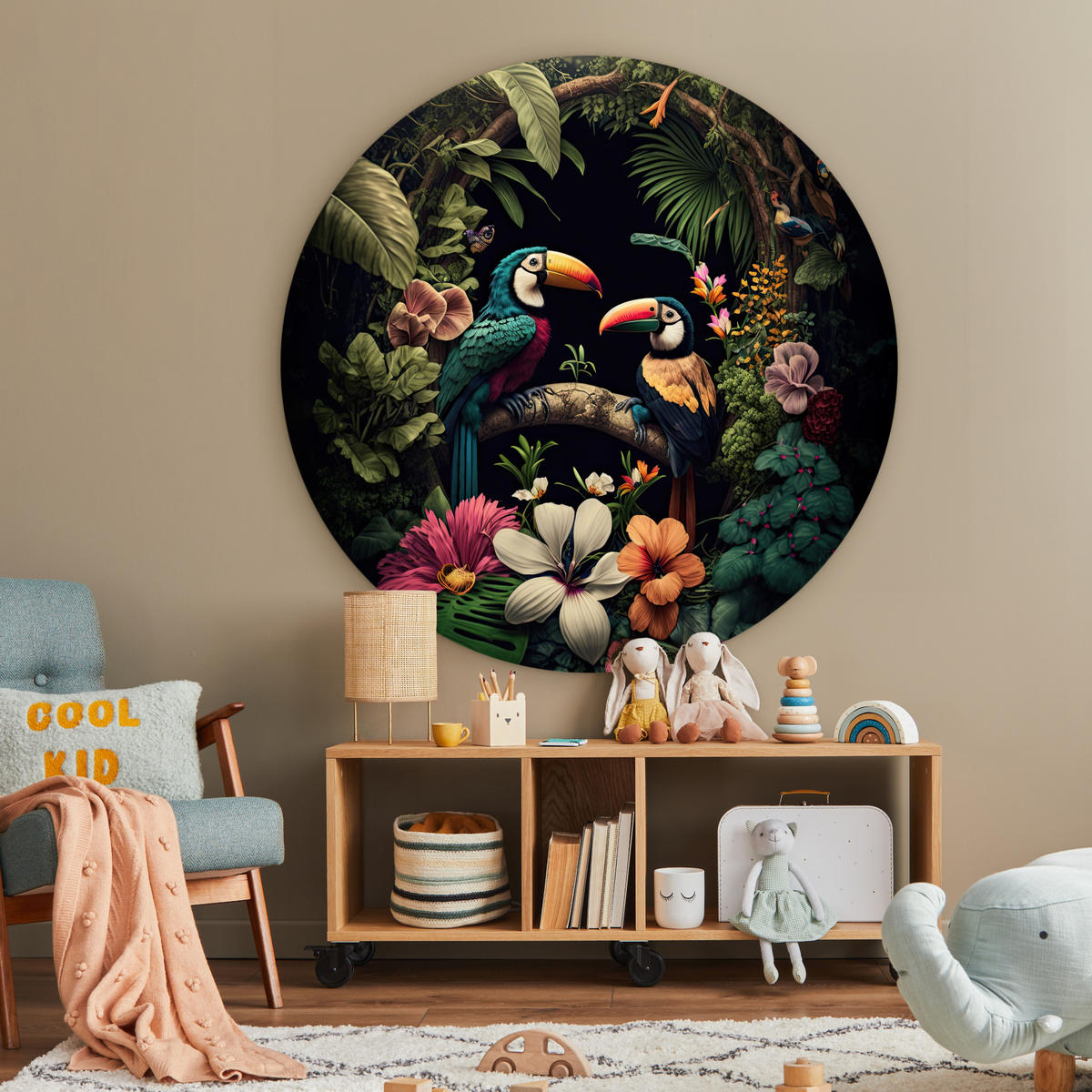 WANDBILD Vogel - Blumen - Pflanzen - Dschungel - Schwarz - Tukan 140x140 cm - Smaragdgrün, Kunststoff (140/140cm) - MuchoWow