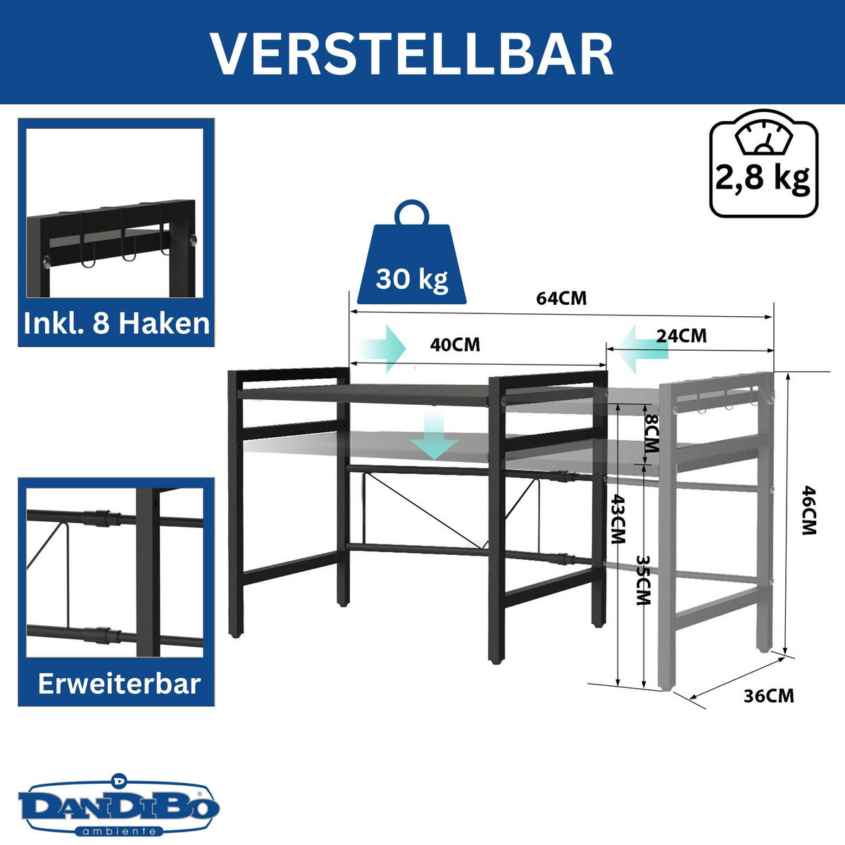 MIRKOWELLENREGAL Verstellbar 40 - 64 cm Metall - Schwarz, Metall (64/46/36cm) - DanDiBo