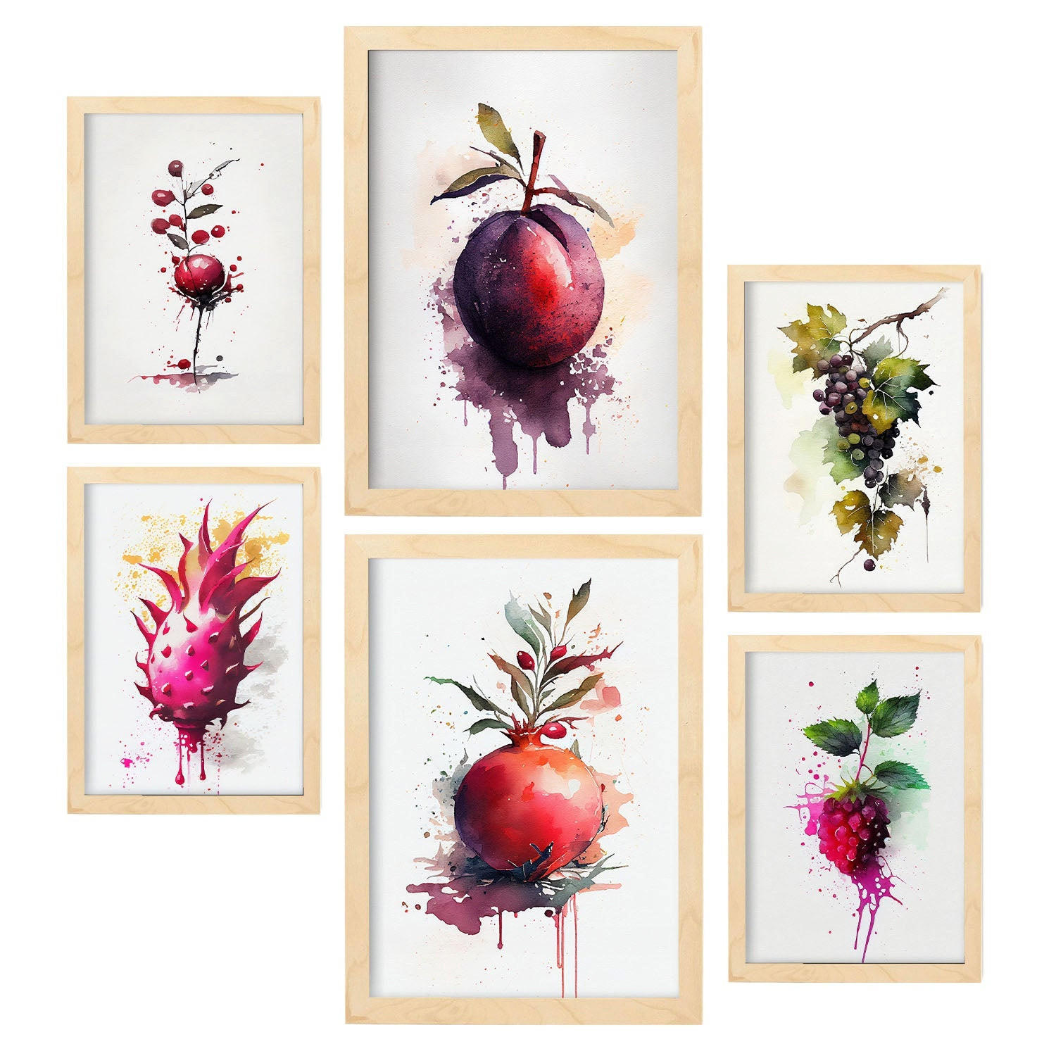 POSTER Set Mit 6 Lila Früchte Plakate Von Obst Gemüse & Gesunden Lebensmitteln Im Aquarell Kunst Auf Reinweißen A3 & A4 Rahmen Aus Hellem Holz - Beige, Papier (29/3cm) - Nacnic