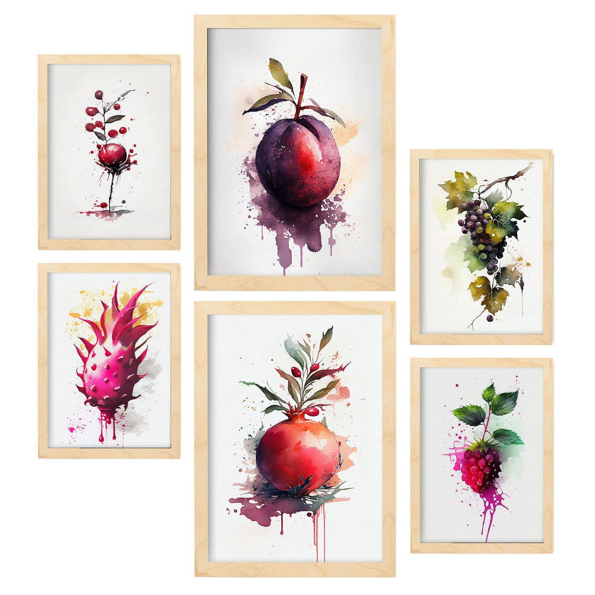 POSTER Set Mit 6 Lila Früchte Plakate Von Obst Gemüse & Gesunden Lebensmitteln Im Aquarell Kunst Auf Reinweißen A3 & A4 Rahmen Aus Hellem Holz - Beige, Papier (29/3cm) - Nacnic
