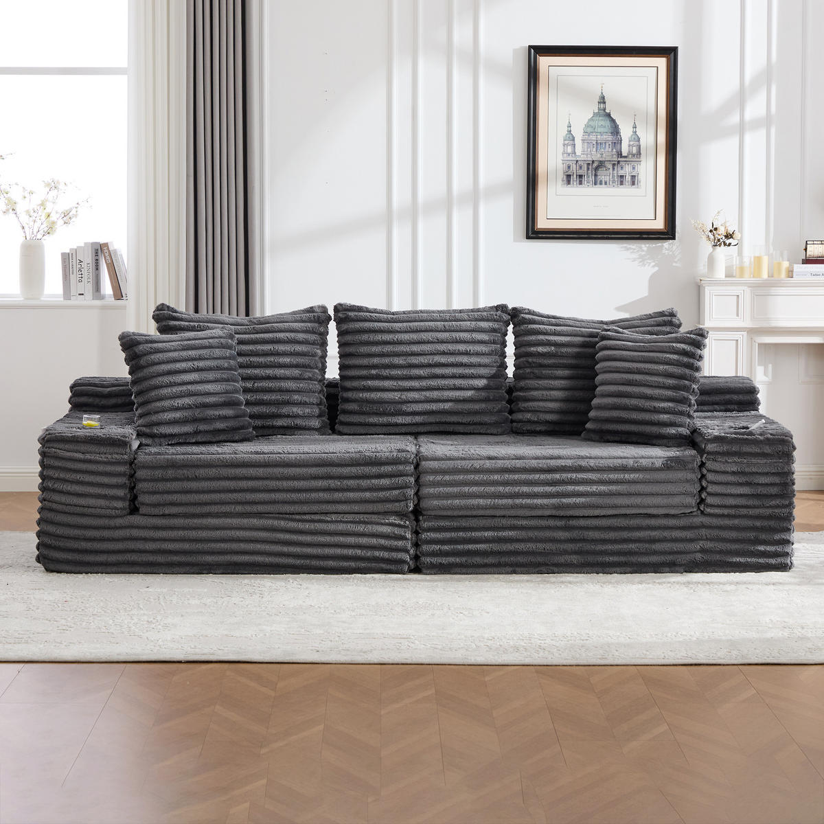 SCHLAFSOFA aus Cord mit Getränkehaltern und Kissen, Dunkelgrau - Dunkelgrau, Textil (107.48/34.25/38.58cm)