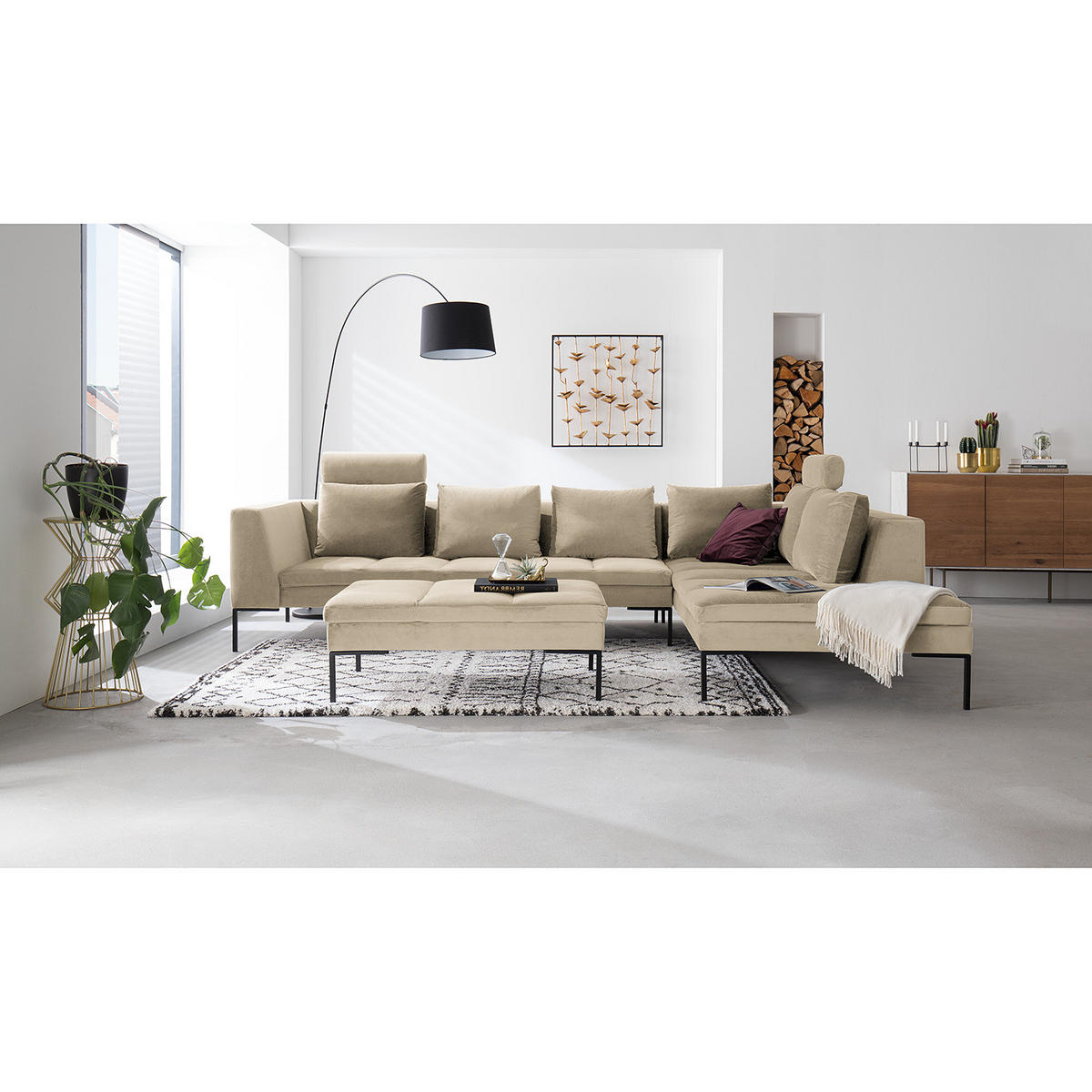ECKSOFA mit Ottomane - Beige/Schwarz, Textil/Metall (319/230cm) - home24