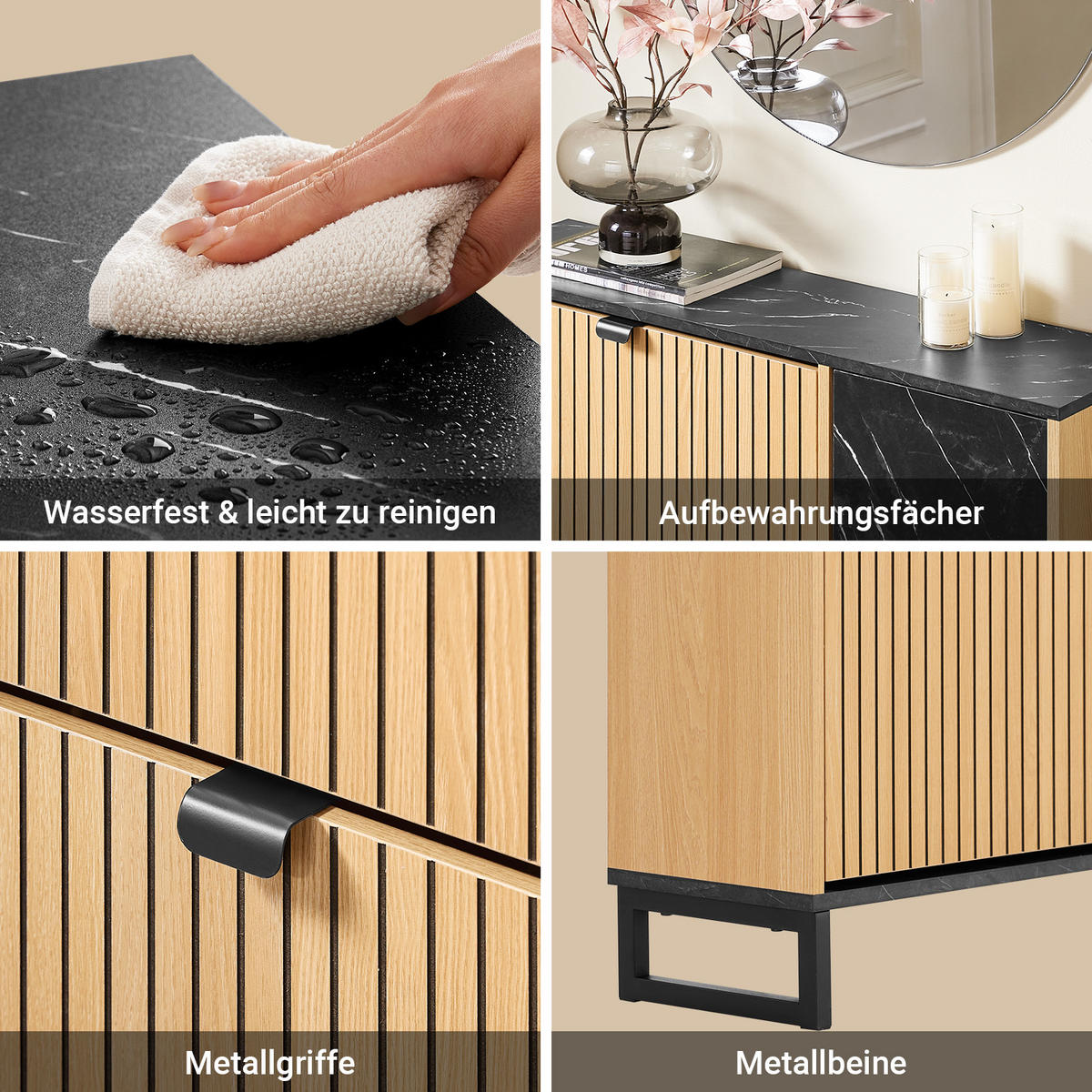SCHUHSCHRANK Schmal, Holzoptik & Schwarz mit Marmor - Naturfarben, Holzwerkstoff (90/88/24cm) - SoBuy