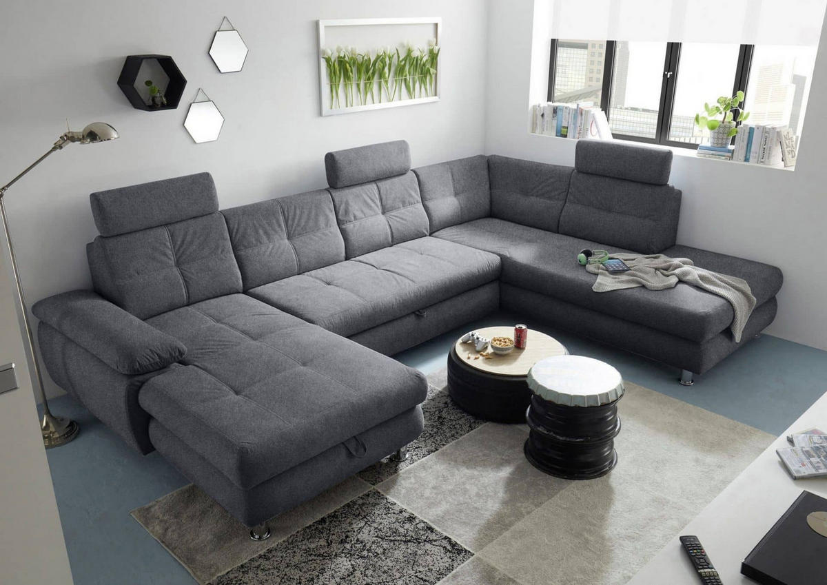 WOHNLANDSCHAFT mit Schlaffunktion, Bettkasten und verstellbaren Arm- und Kopflehnen - Chromfarben/Anthrazit, Textil/Metall (233/88/349cm) - ed exciting design