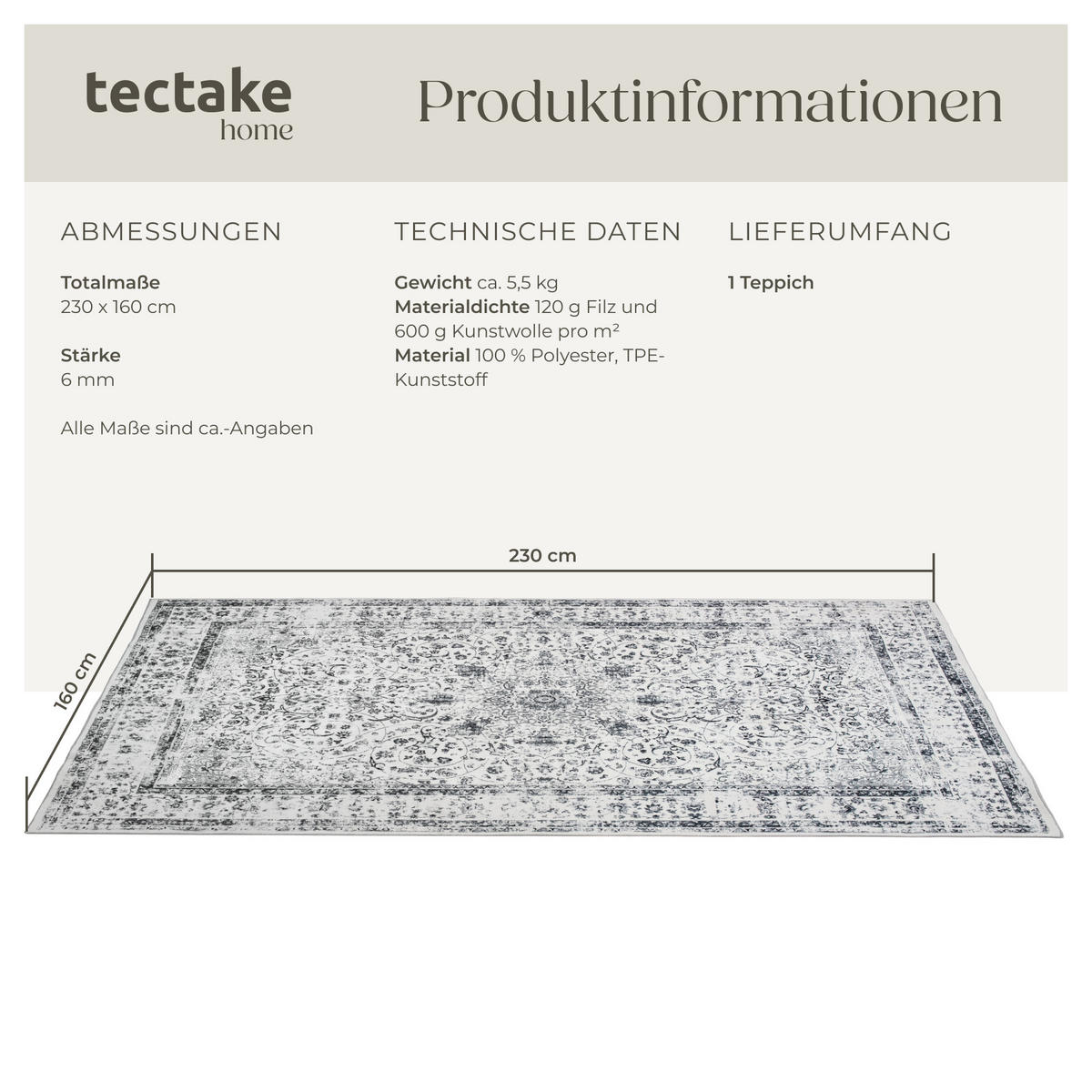 TEPPICH Vintage Design Aliya,rutschfeste Unterseite,grau - Grau, Kunststoff (160/230cm) - tectake