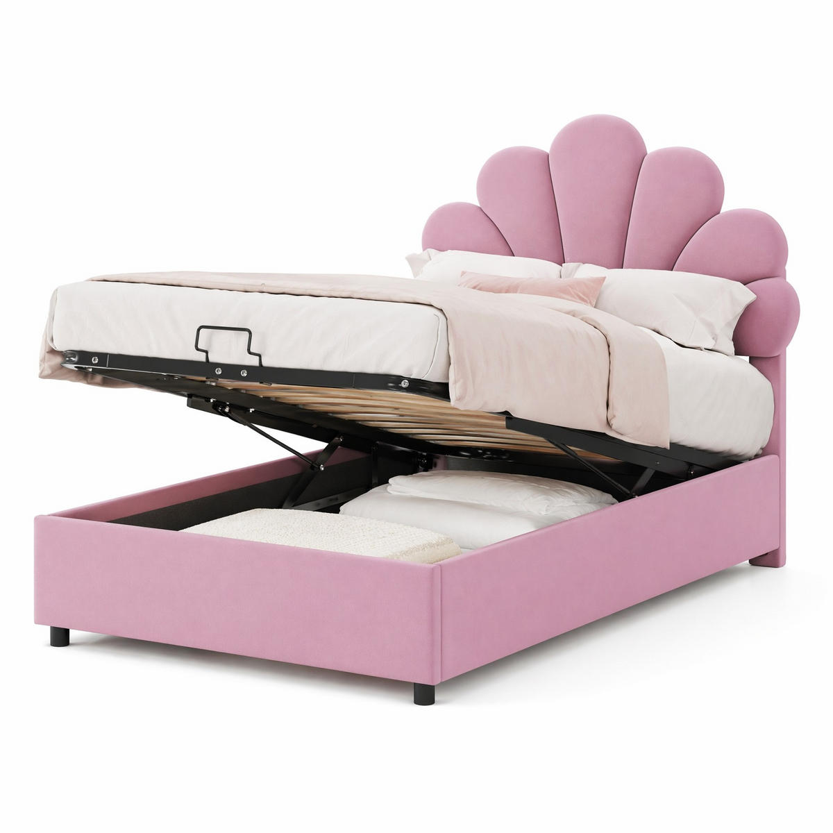 POLSTERBETT 90/200 cm in Rosa Samt mit Stauraum und floralem Kopfteil - Rosa, Holzwerkstoff/Textil (90/200cm) - CHICFURN
