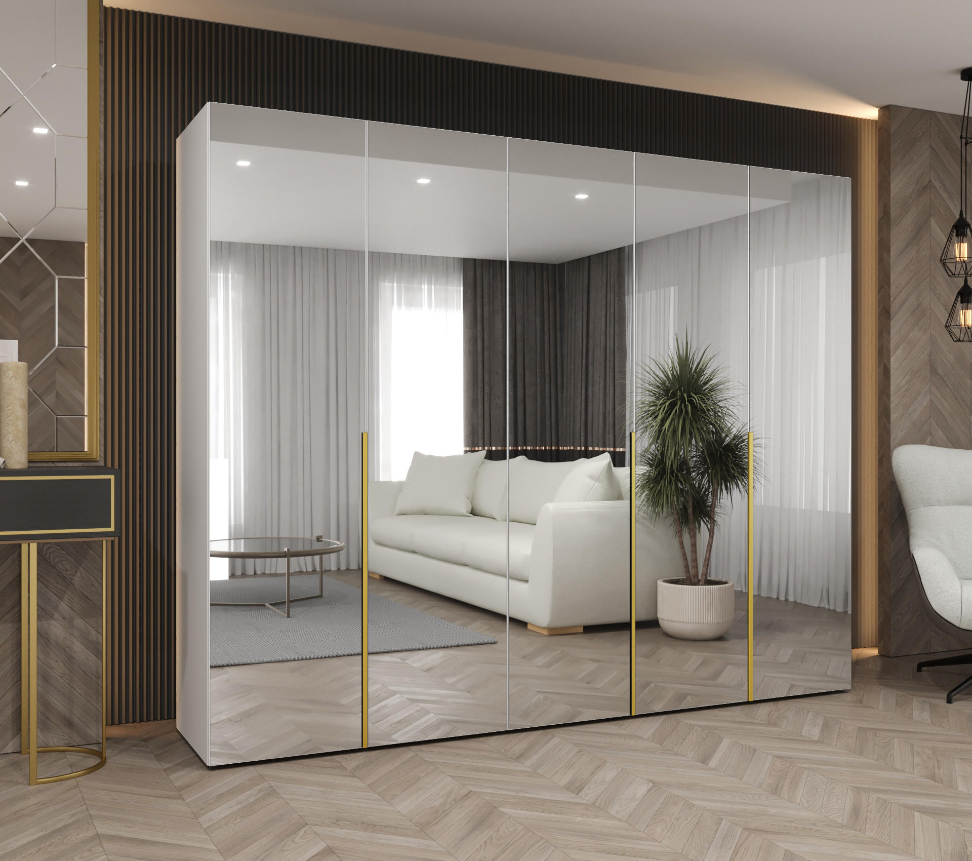 DREHTÜRENSCHRANK 202/250/52 5-türig - Goldfarben/Weiß, Holz (250/202/52cm) - Abiks Möbel