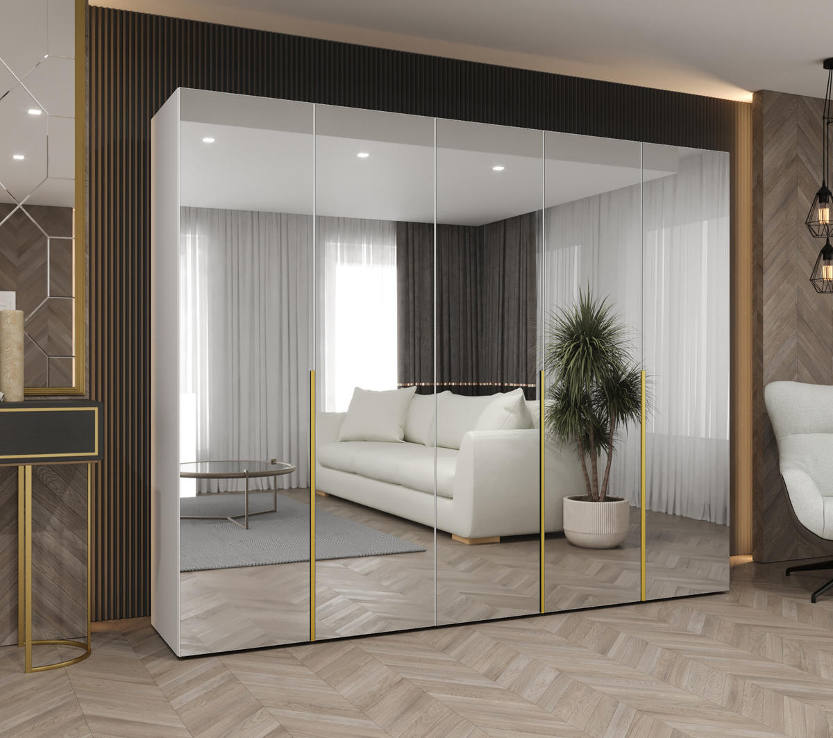 DREHTÜRENSCHRANK 202/250/52 5-türig - Goldfarben/Weiß, Holz (250/202/52cm) - Abiks Möbel