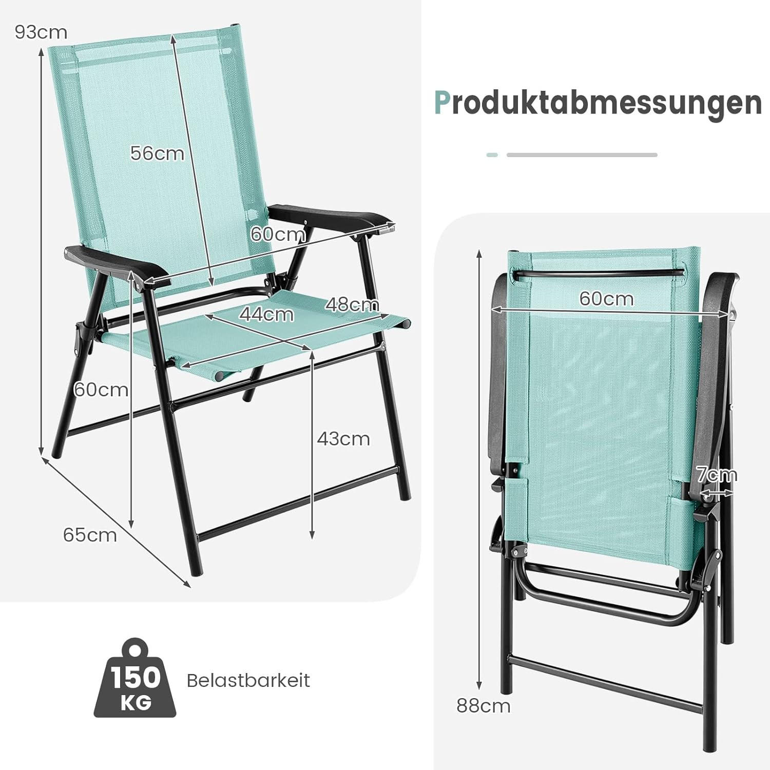 Thumbnail - Costway Klappstühle, Türkis, Metall, 60x93x65 cm, Gartenmöbel, Gartenstühle, Gartenklappstühle