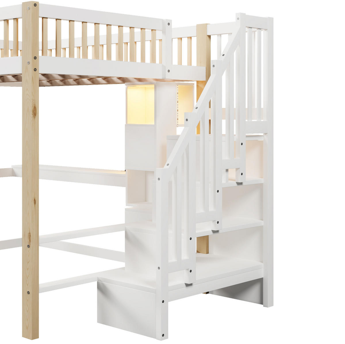 VISOKI krevet 140/200 cm s LED osvjetljenjem, radnim stolom, policama i spremištem, Bijela+Prirodna - bijela, drvo (140/200cm) - Redom