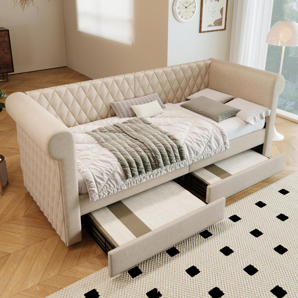 POLSTERBETT 90/200 cm Beige aus Leinen mit 2 Schubladen - Beige, Textil (90/200cm) - OKMYHOME