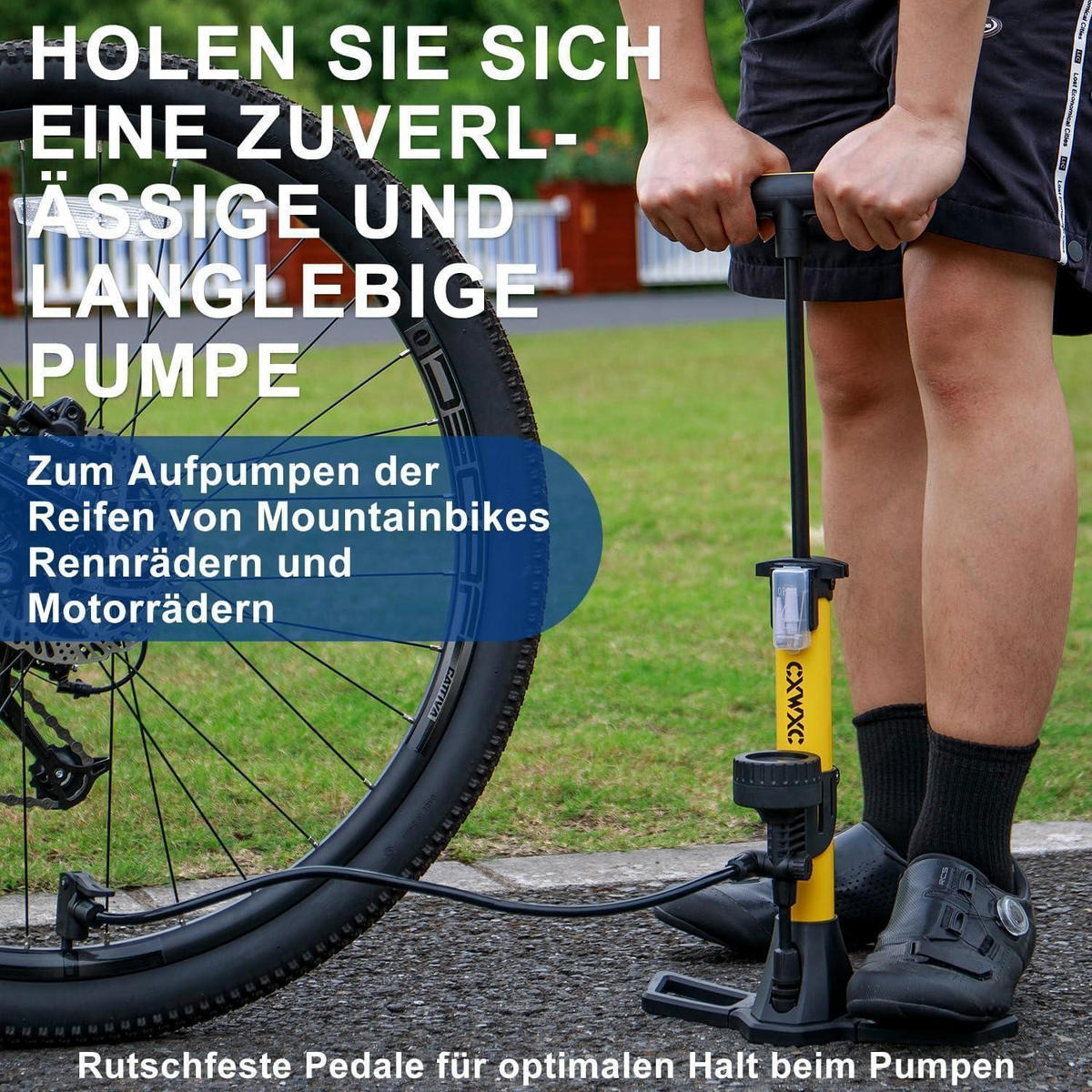 FAHRRADPUMPE mit Manometer für alle Ventile, 11 Bar - Gelb, Metall (8.2/44/21cm)