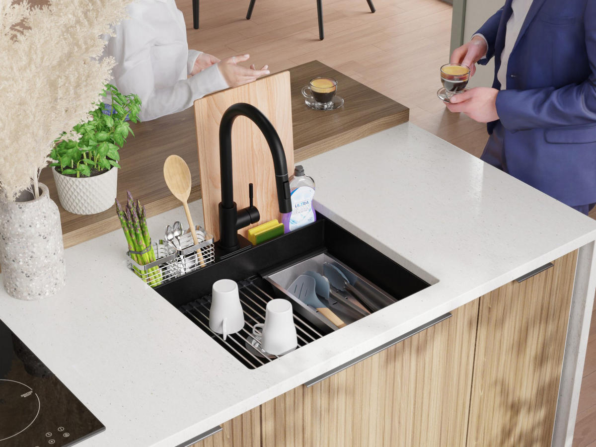 UNTERBAUSPÜLE GRANIT Bergen Pocket, 2-er set Schwarz 56/54 cm 1 Becken + Ablauf-Set + Küchenzubehörset ab 60er Unterschrank - Chromfarben/Beige, Kunststoff (56/20/54cm) - Primagran