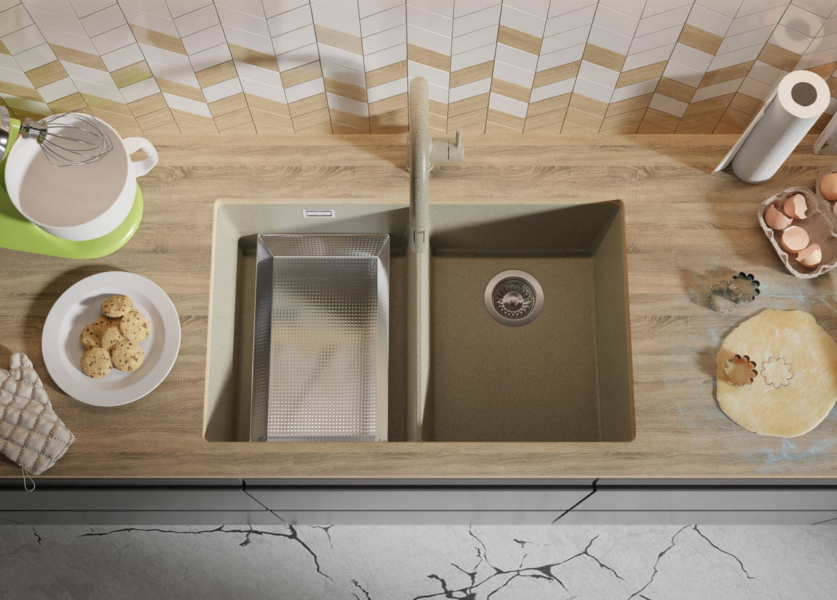 UNTERBAUSPÜLE GRANIT London Twin, 2-er set Beige 76/47 cm 2 Becken + Ablauf-Set ab 80er Unterschrank - Chromfarben/Beige, Kunststoff (76/20/47cm) - Primagran