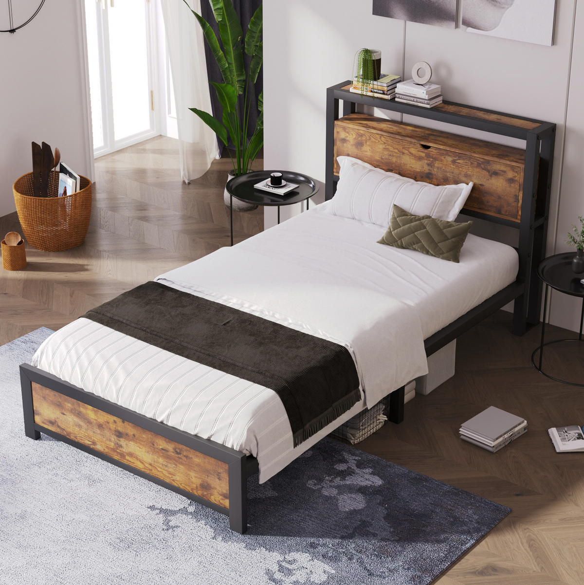 METALLBETT 90/200 cm Natur aus Metall und Holz mit Stauraum-Kopfteil - Naturfarben, Metall (90/200cm) - OKMYHOME
