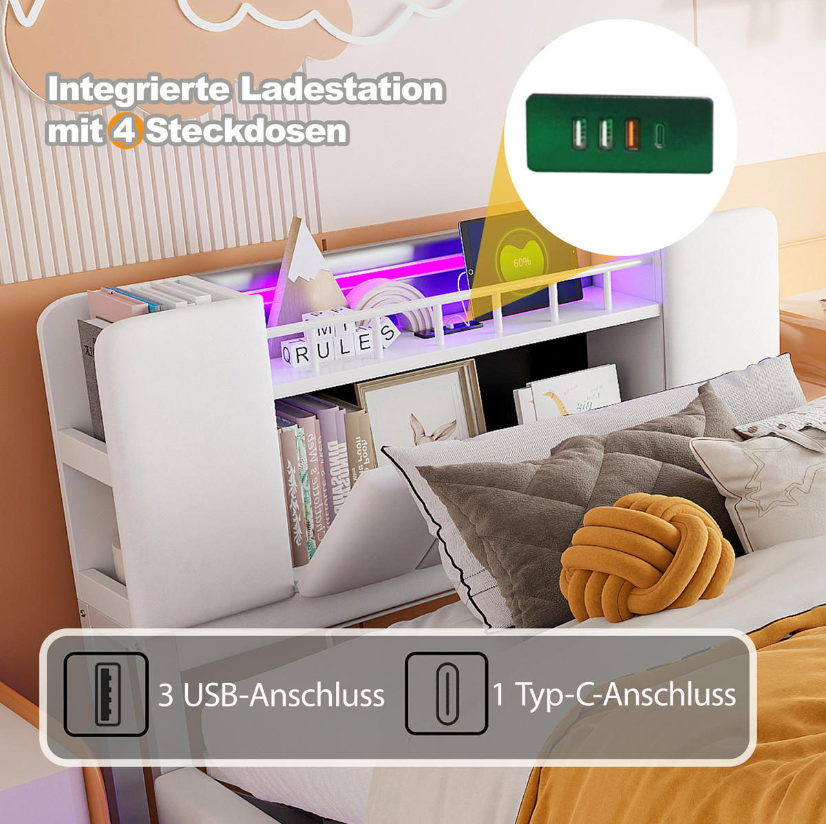 DETSKÁ čalúnená posteľ z MDF a kovu 90x200 cm béžová s LED osvetlením, USB portom a hydraulickým úložným priestorom - béžová, textil (90/200cm) - Modfu
