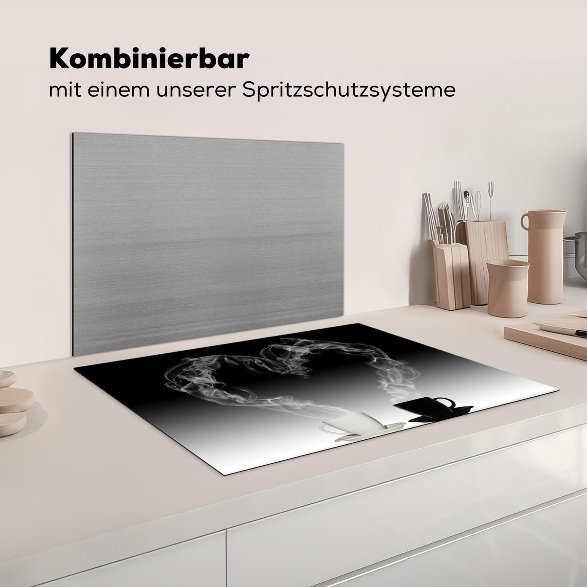 HERDABDECKPLATTE Kaffee - Herz - Schwarz und weiß - Tassen Herdabdeckung Induktionsfeld 75x52 cm - Weiß, Kunststoff (75/52/0.2cm) - MuchoWow