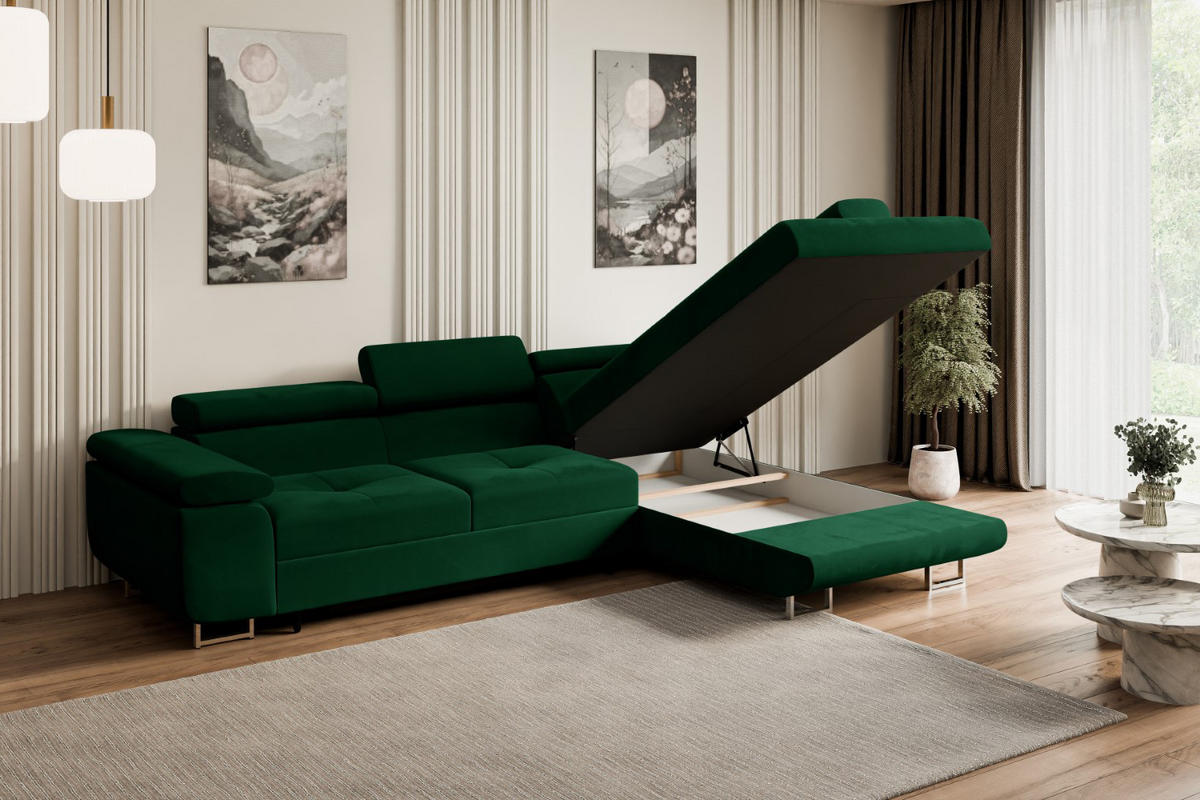 ECKSOFA mit Schlaffunktion und Bettkasten GUSA-L 272x202x107 cm Grün Velours - Silberfarben/Grün, Holzwerkstoff/Textil (272/202cm) - ALTDECOR