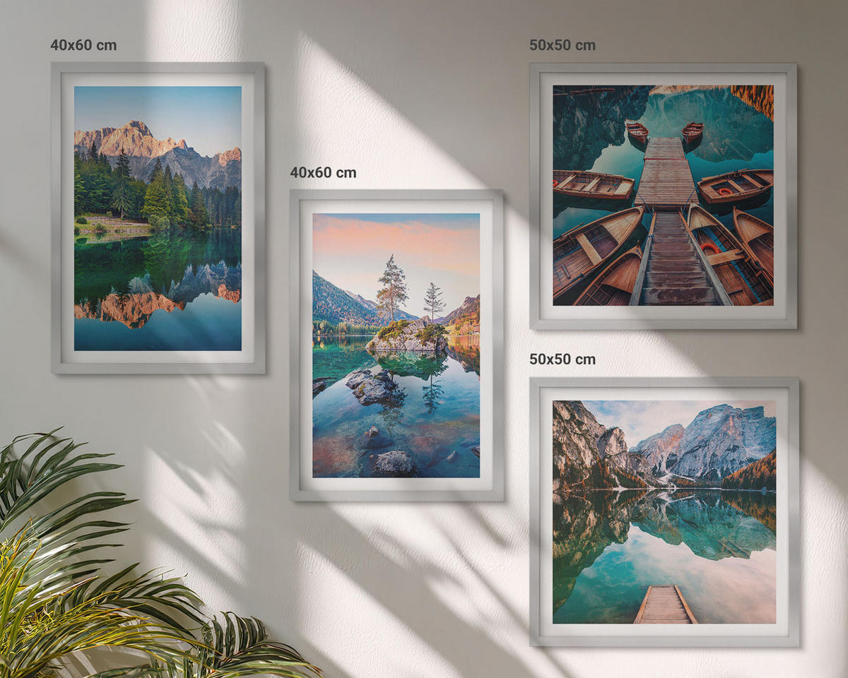 BILDER SET 4er Set - 50x50 cm & 40x60 cm Silberner Rahmen - Spiegelung des Waldes in Bergseen - Silberfarben, Kunststoff (50/50cm) - TULUP