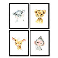 POSTER Set mit 4 Mono Leon Hipopotamo und Ziege A4 Schwarzer Rahmen - Schwarz, Papier (29.7/3cm) - Nacnic