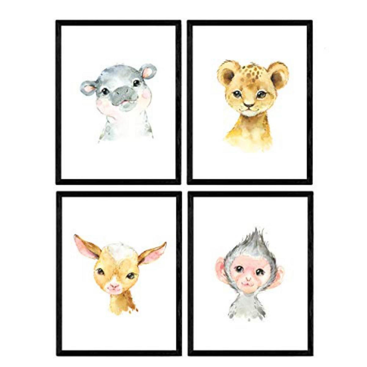 POSTER Set mit 4 Mono Leon Hipopotamo und Ziege A4 Schwarzer Rahmen - Schwarz, Papier (29.7/3cm) - Nacnic