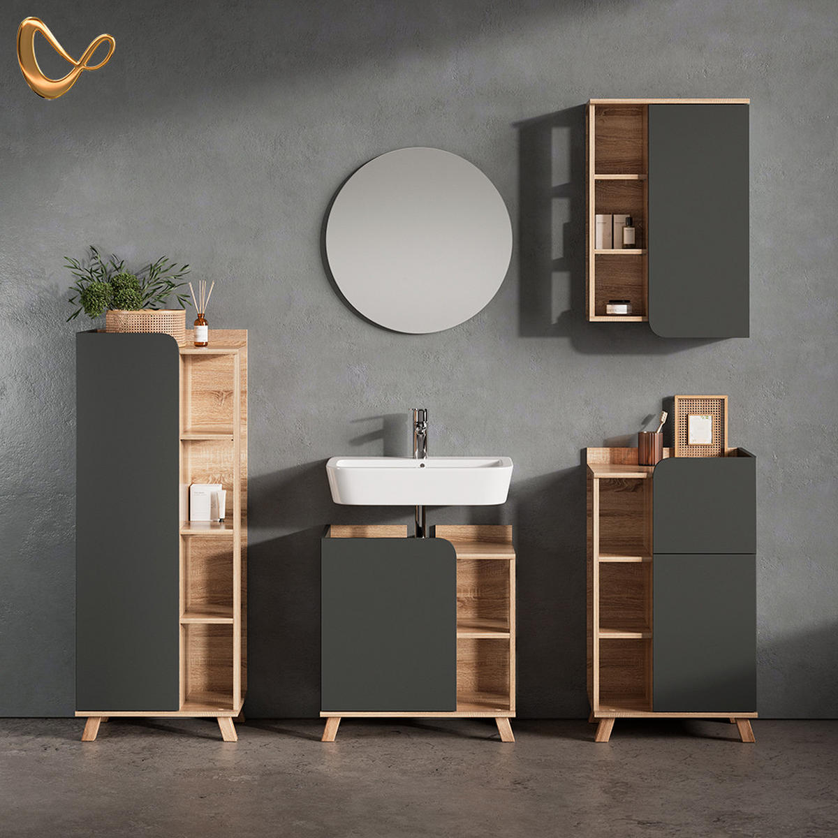 BADSCHRANK Marano Anthrazit 50 x 75 cm mit Tür und offenen Fächern - Anthrazit/Sonoma Eiche, Holzwerkstoff (50/75/20cm) - Livinity®