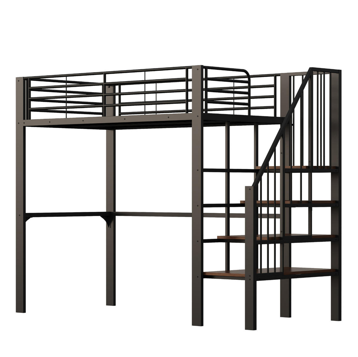 VISOKI krevet 90/200 cm s integriranim stubištem i prostorom za pohranu, stabilna metalna konstrukcija, Crna - crna, metal (90/200cm) - Redom