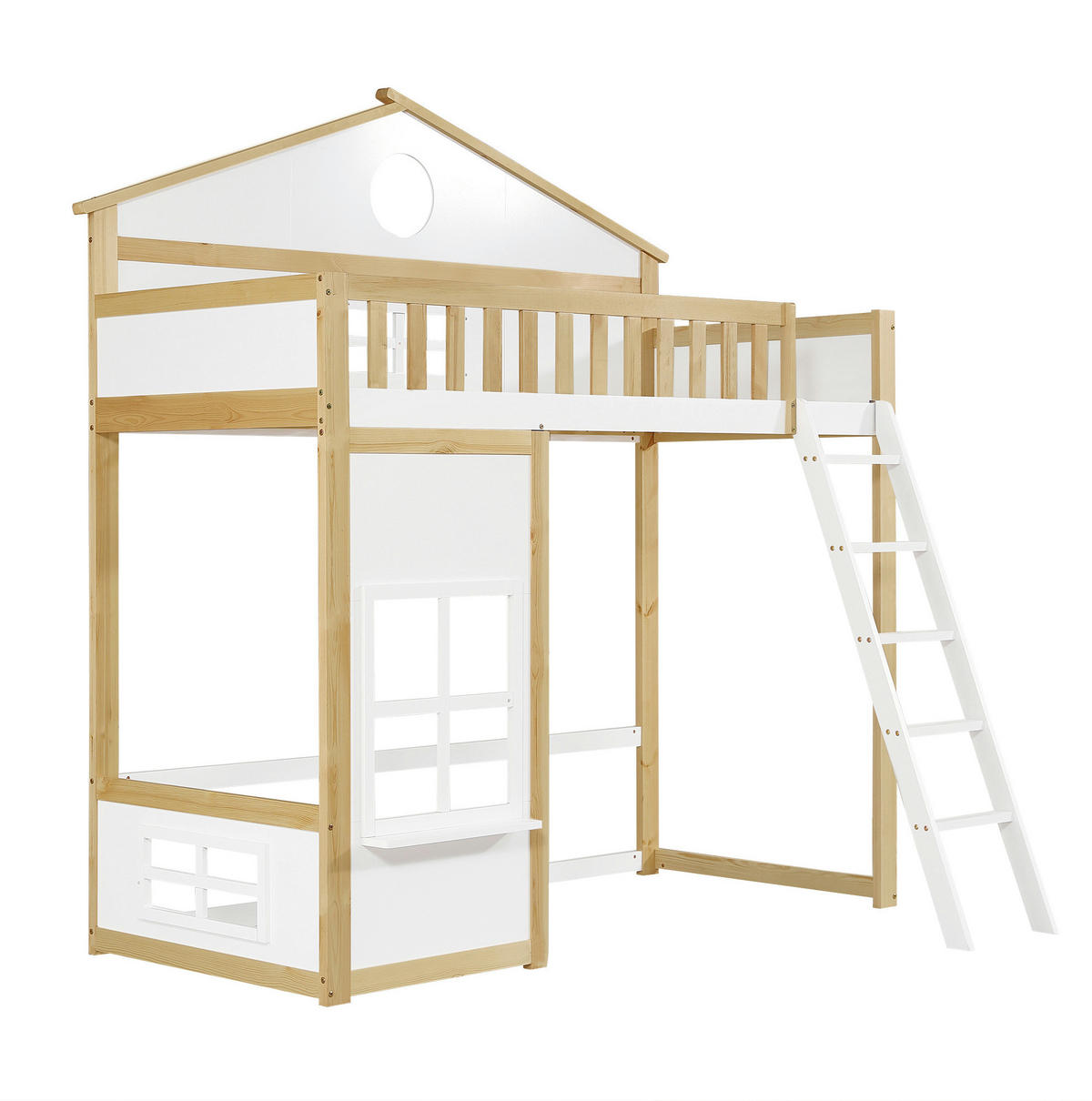POSCHODOVÁ posteľ 90/200 cm biela/prírodná so schodíkmi, strieškou a okienkami z masívu a MDF - biela, drevo (90/200cm) - OKWISH