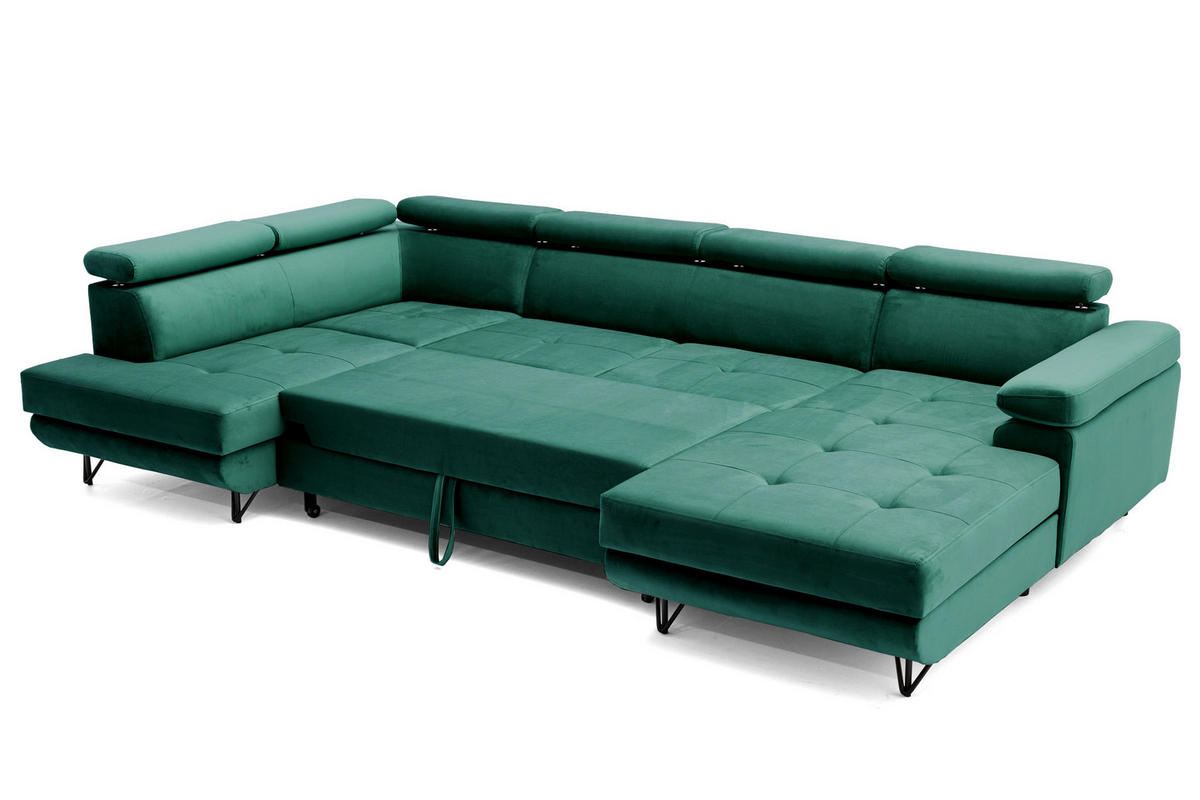 ECKSOFA U-Form JUNIOR U Links mit Schlaffunktion 128x254 Velours Dunkelgrün - Dunkelgrün/Schwarz, Holz/Textil (323/90/184cm) - Muffo
