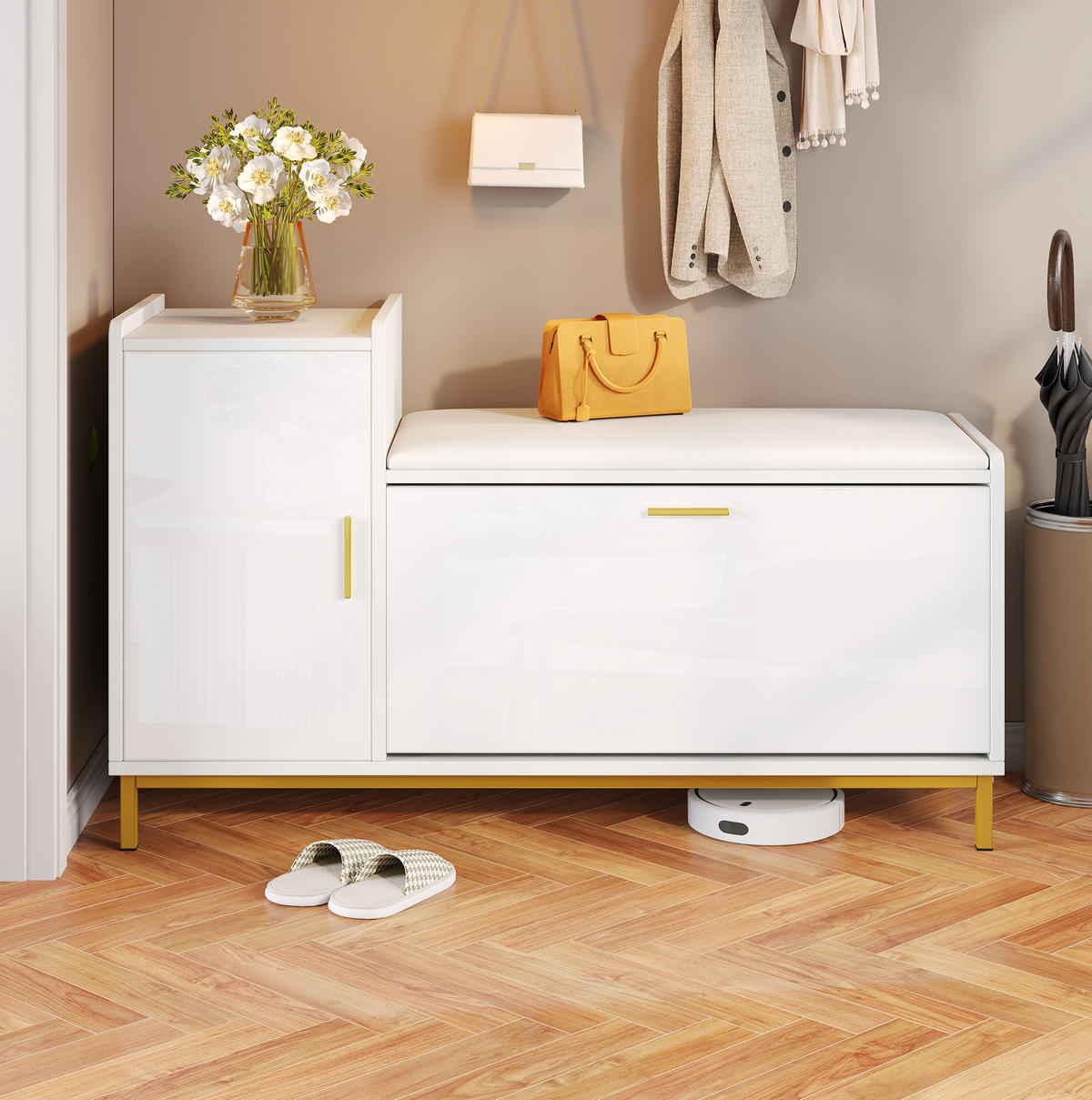 SCHUHSCHRANK 100/38/68 cm in Weiß/Gold mit Sitzkissen und Hochglanzfront - Weiß, Holzwerkstoff (100/68/38cm) - Flora Grace
